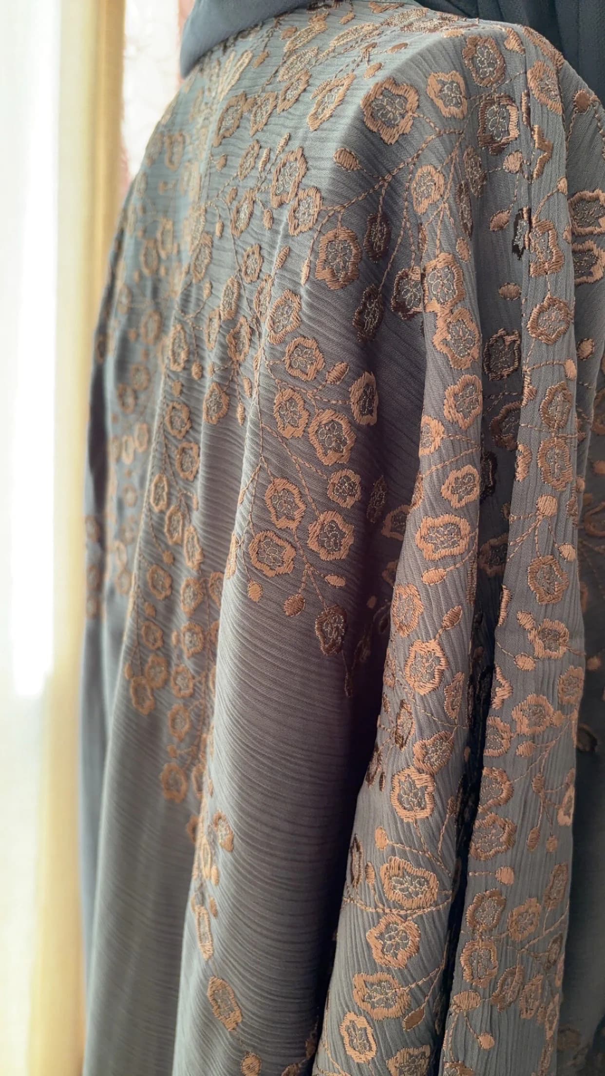 Blue Embroidered Abaya Set, Front Open Buttoned Abaya, Belted Hijab Abayas for women, Muslim Women Embroidery Dress - image 3