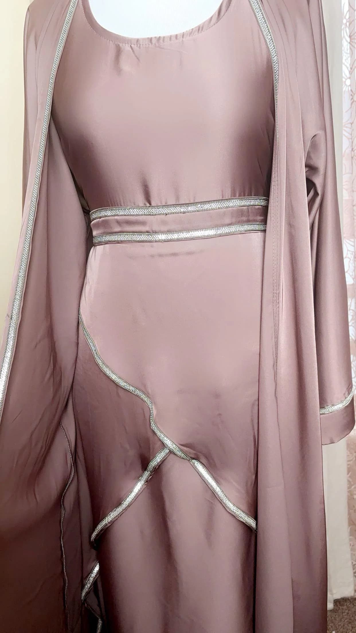 Satin Abaya Set, Embellished Pink Modest Dress - image 4
