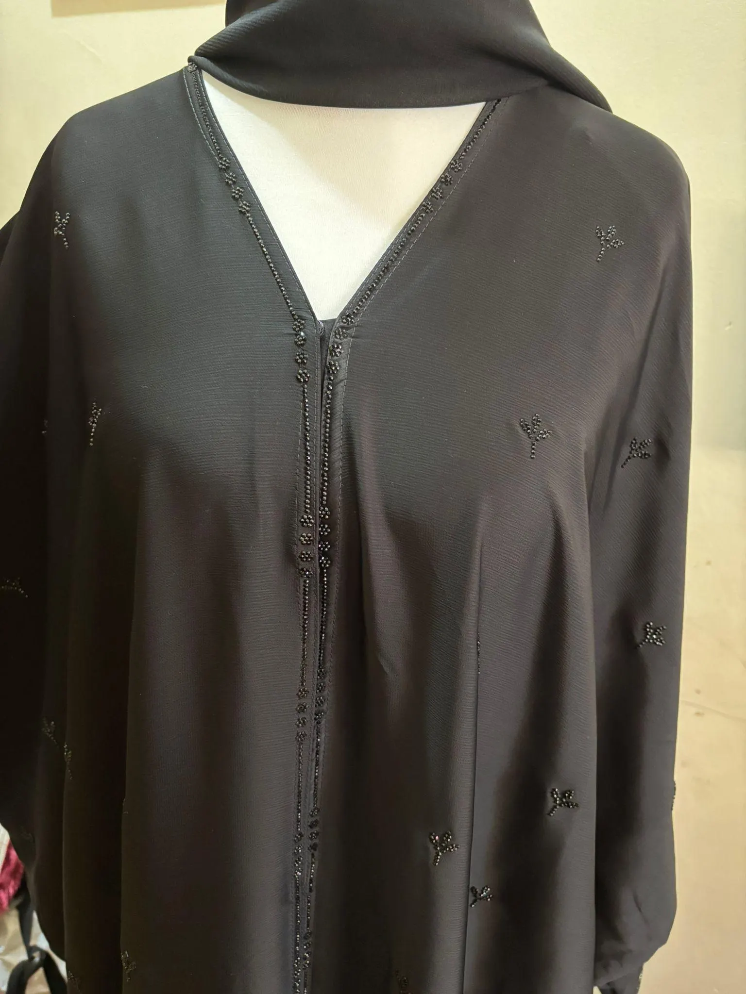 Black Beaded Farasha Abaya Front Open with Buttons and Matching Scarf, Luxury Batwing Dubai Abaya for Eid, Wedding, Modest Occasion Wear - image 5