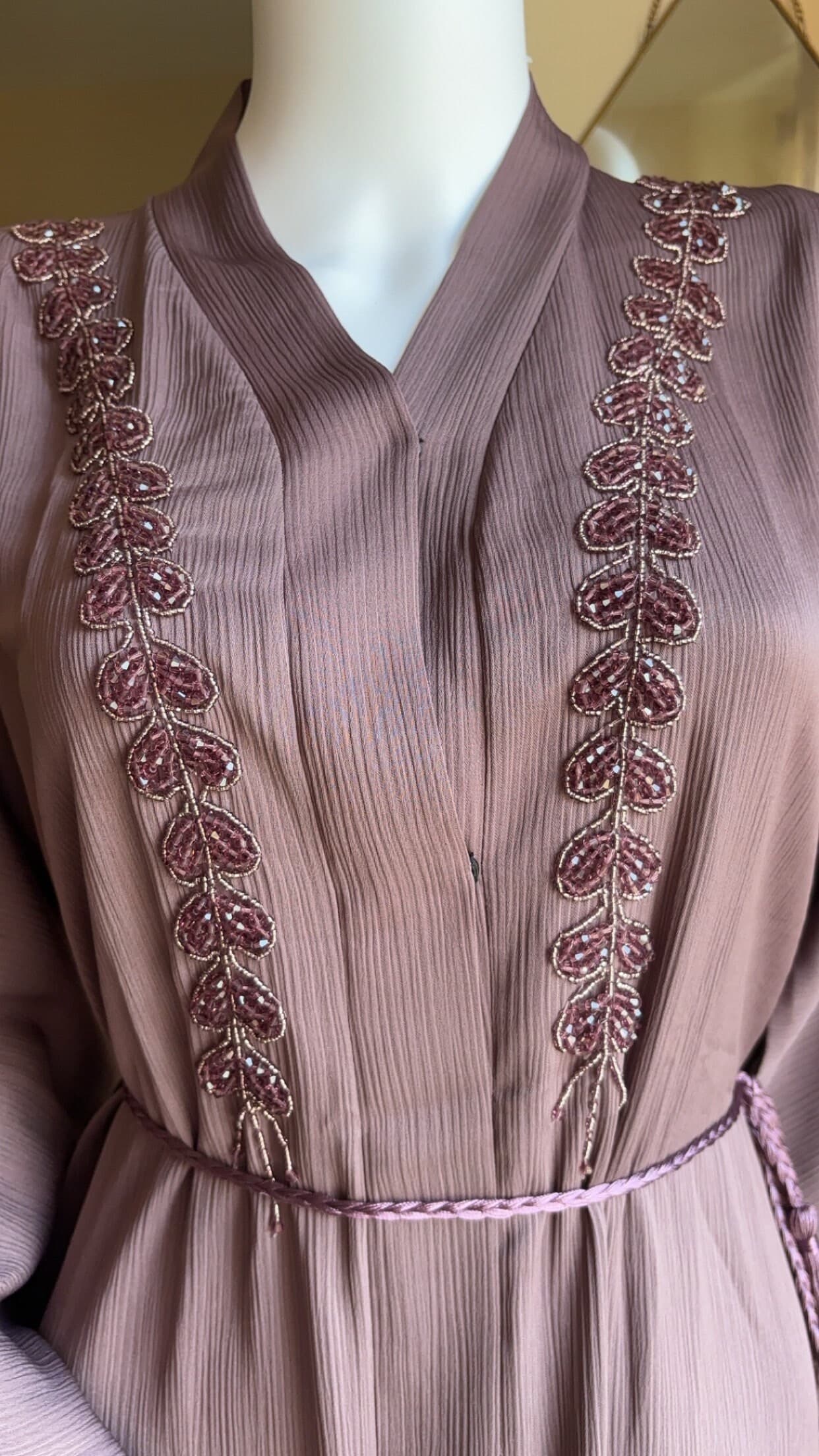 Embellished Beige Abaya Set, Dubai Modest Dress, Matching Hijab - image 3