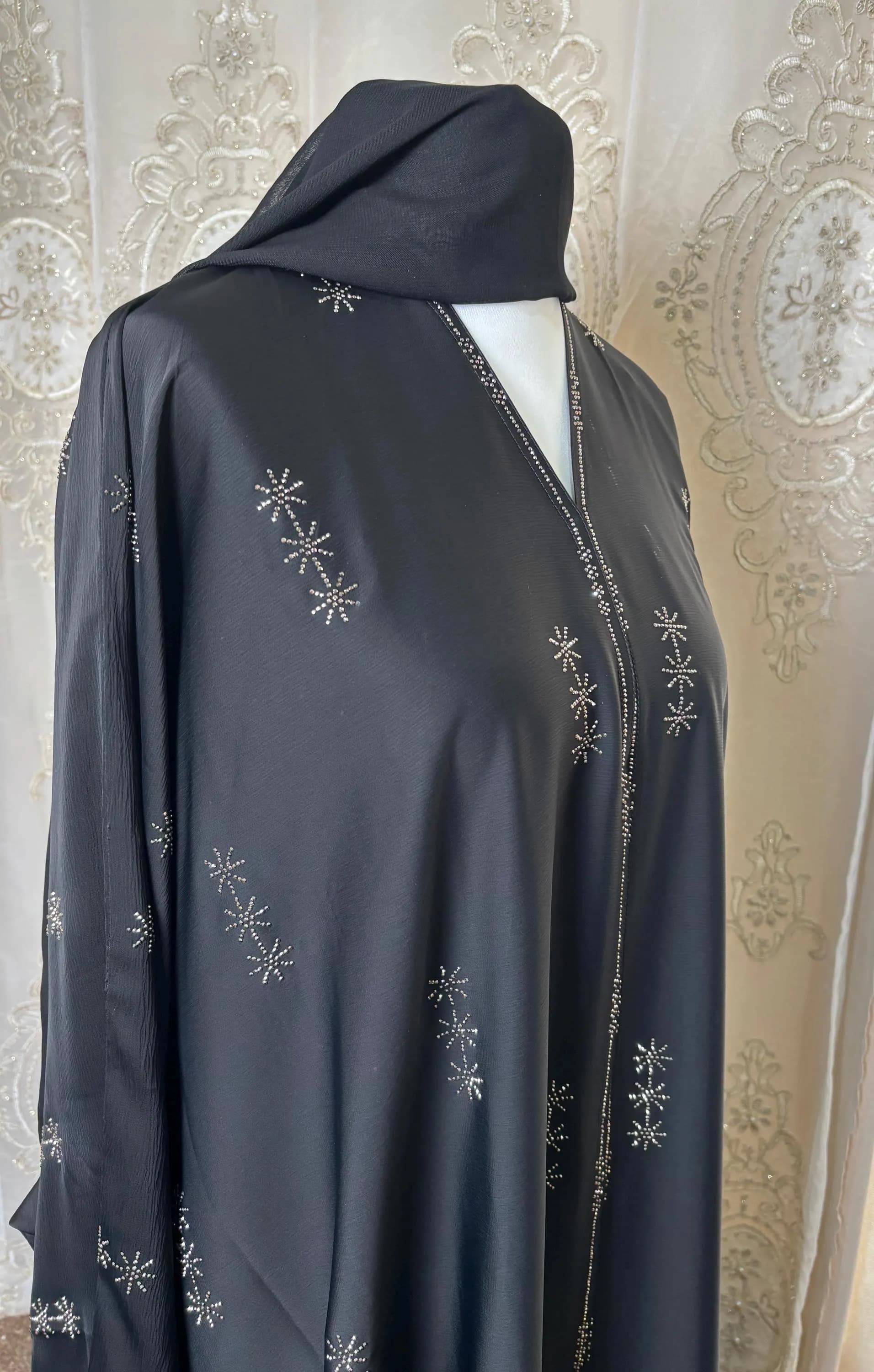 Naya Black Beaded Farasha Abaya Front Open with Buttons & Matching Scarf, Luxury Batwing Dubai Abaya for Eid, Wedding, Modest Occasion Wear