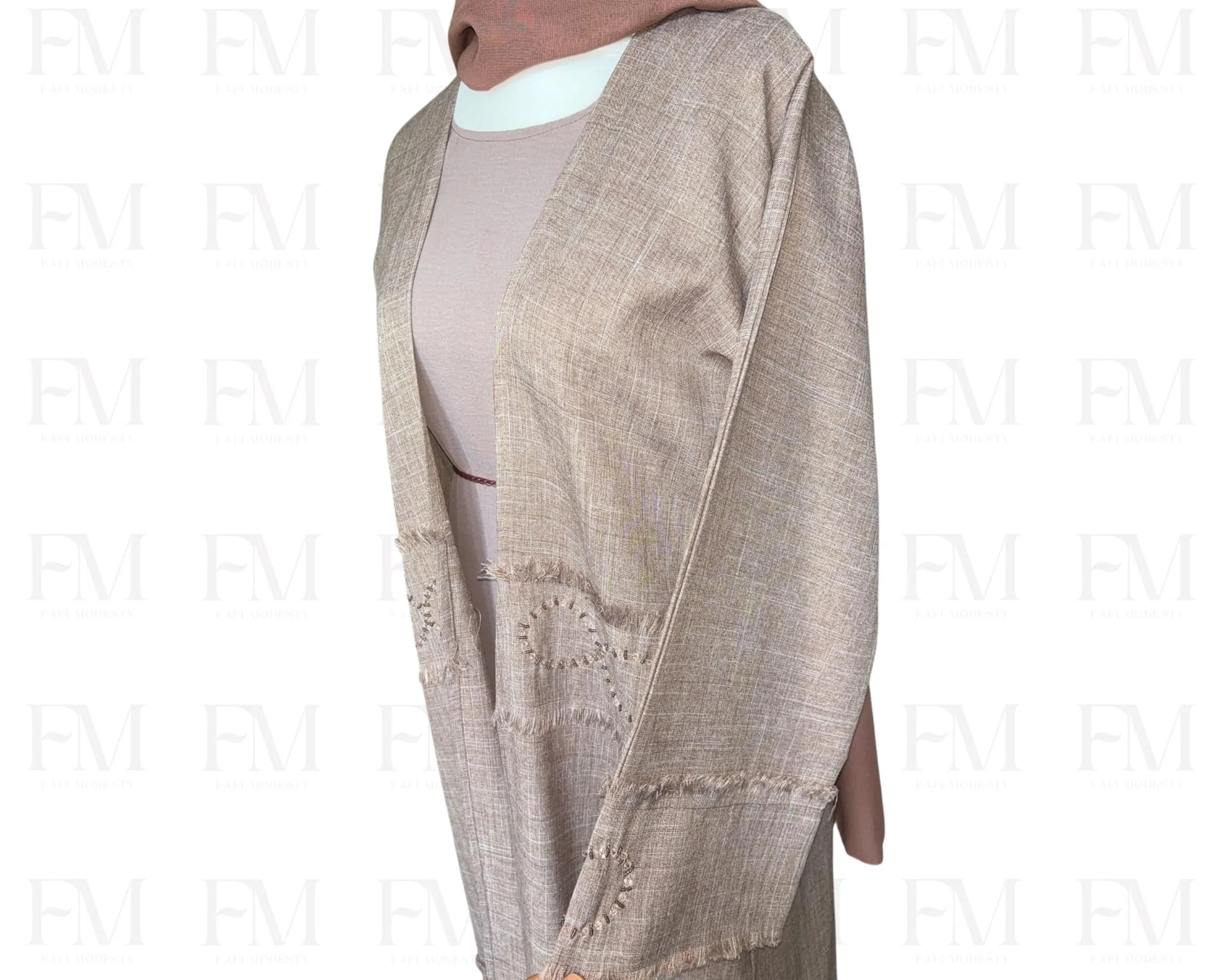 Embellished Linen Abaya Set, Eid Outfit, Mauve Dubai Abaya, Slip Dress & Hijab, Pearls Embellishments - image 3