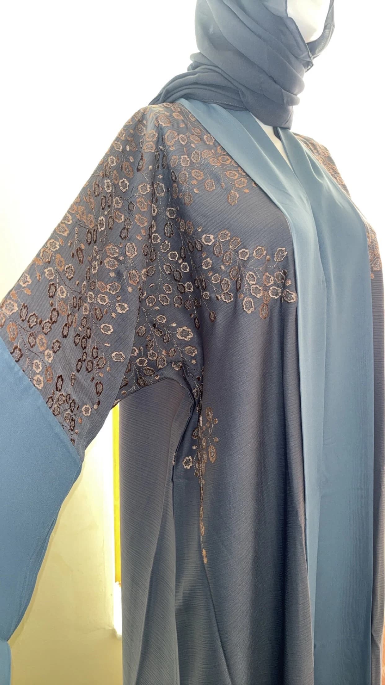 Blue Embroidered Abaya Set, Front Open Buttoned Abaya, Belted Hijab Abayas for women, Muslim Women Embroidery Dress