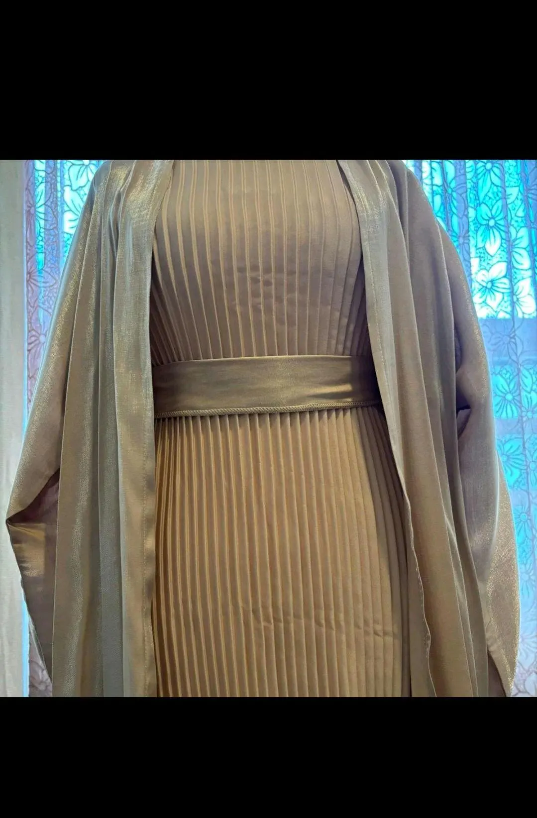Apricot Shimmer Abaya Set, Pleated Slip Dress, Hijab, Belt