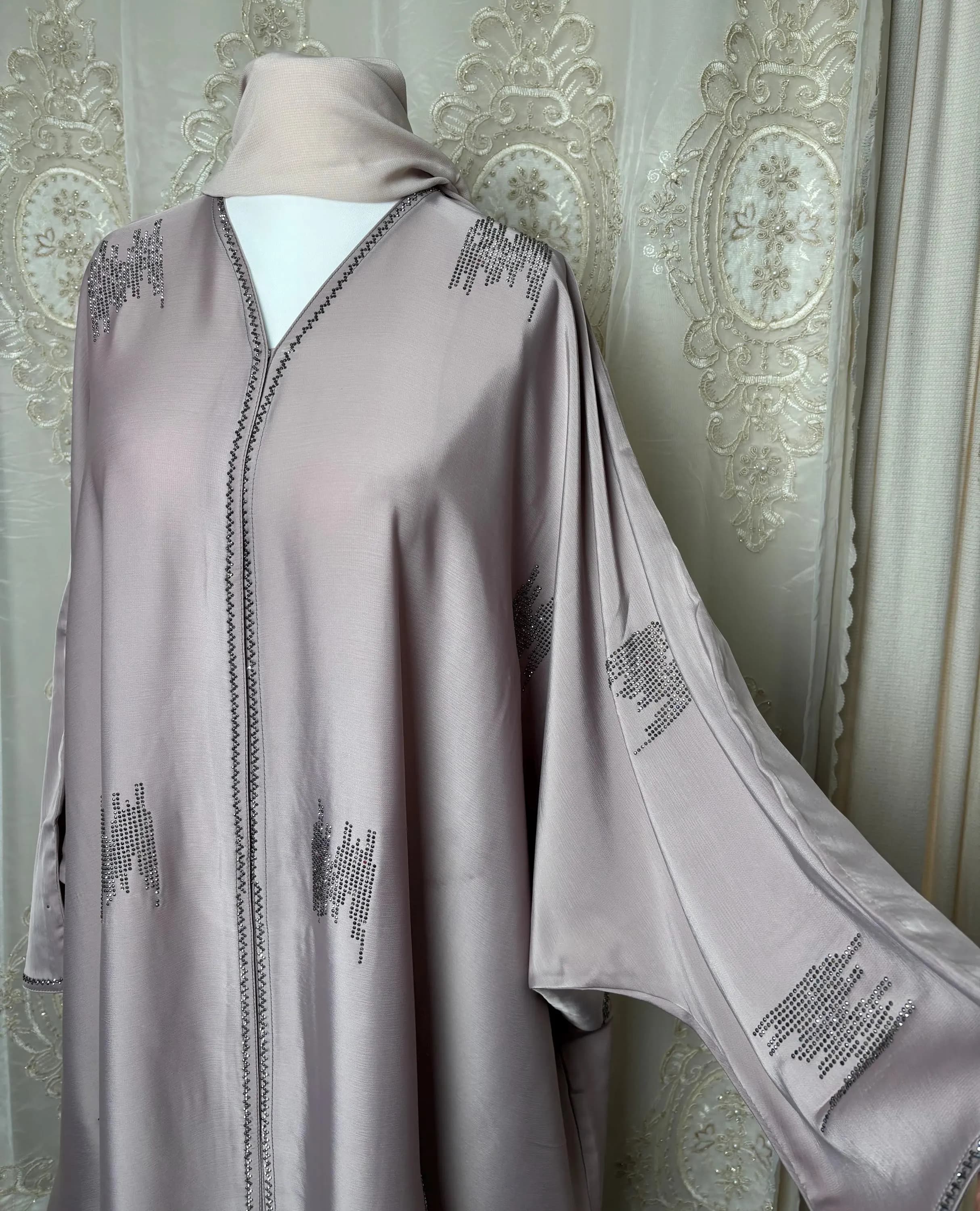 Blush Beige Abaya Set with Hijab, Front buttoned,Elegant Modest Eid Outfit, Luxury Muslim Dress, Open Abaya Flowy for Women, Dubai Abayas - image 2