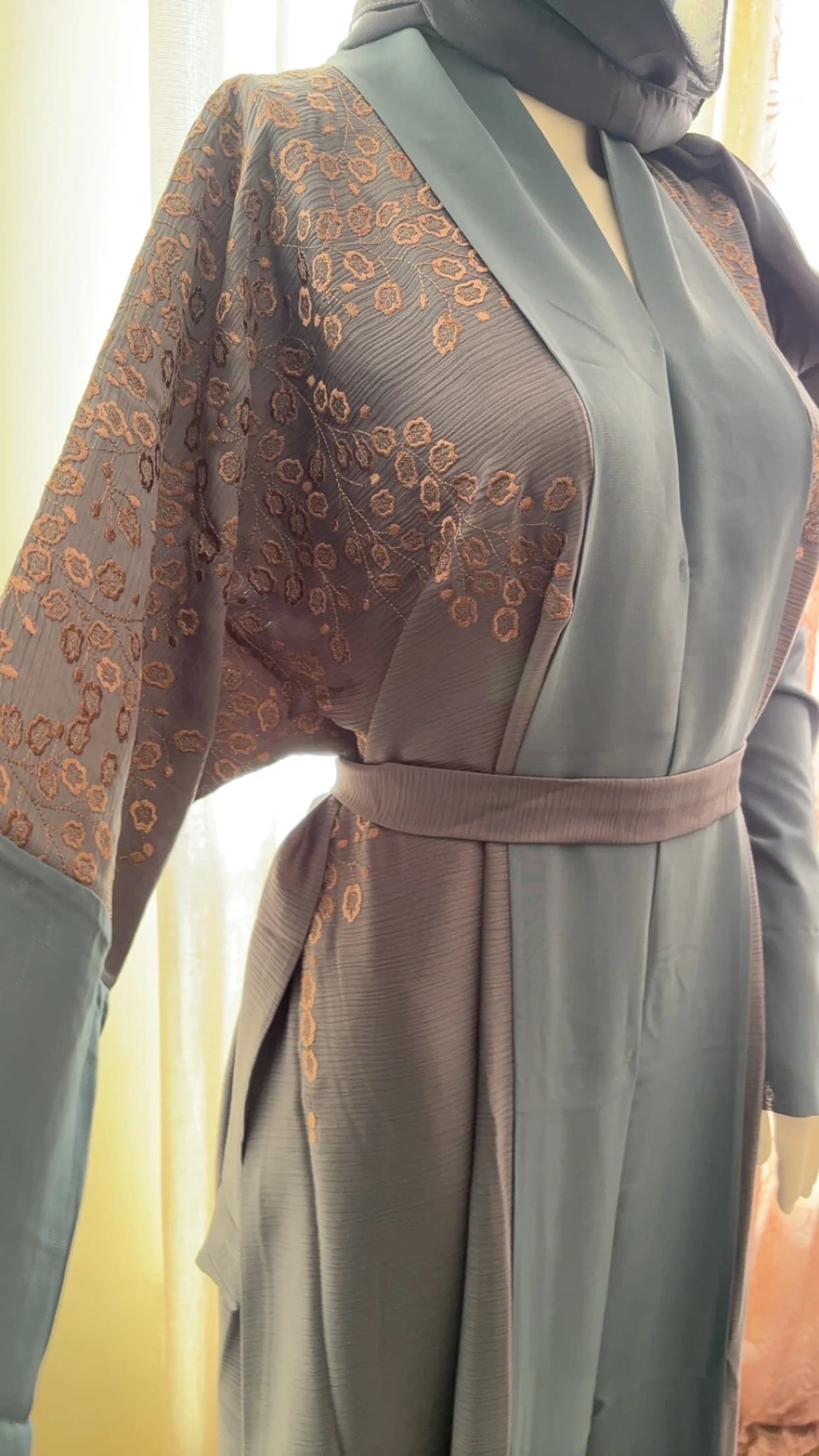 Blue Embroidered Abaya Set, Front Open Buttoned Abaya, Belted Hijab Abayas for women, Muslim Women Embroidery Dress - image 2