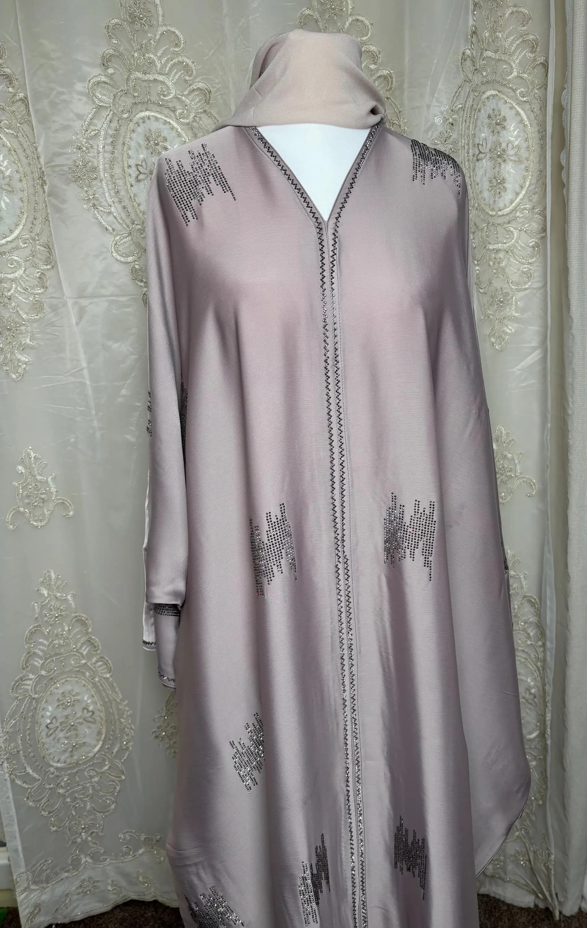 Blush Beige Abaya Set with Hijab, Front buttoned,Elegant Modest Eid Outfit, Luxury Muslim Dress, Open Abaya Flowy for Women, Dubai Abayas - image 5