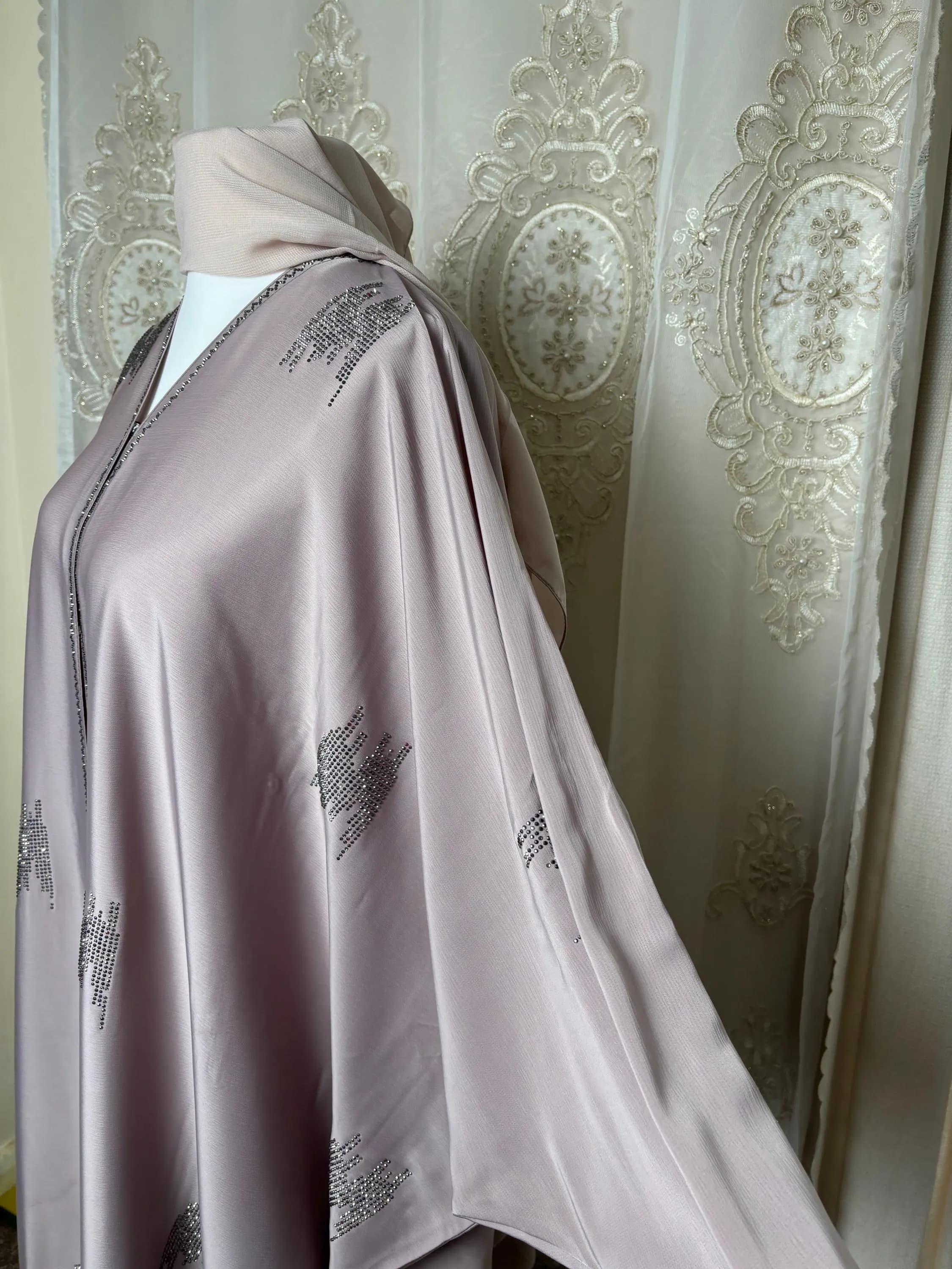 Blush Beige Abaya Set with Hijab, Front buttoned,Elegant Modest Eid Outfit, Luxury Muslim Dress, Open Abaya Flowy for Women, Dubai Abayas - image 3