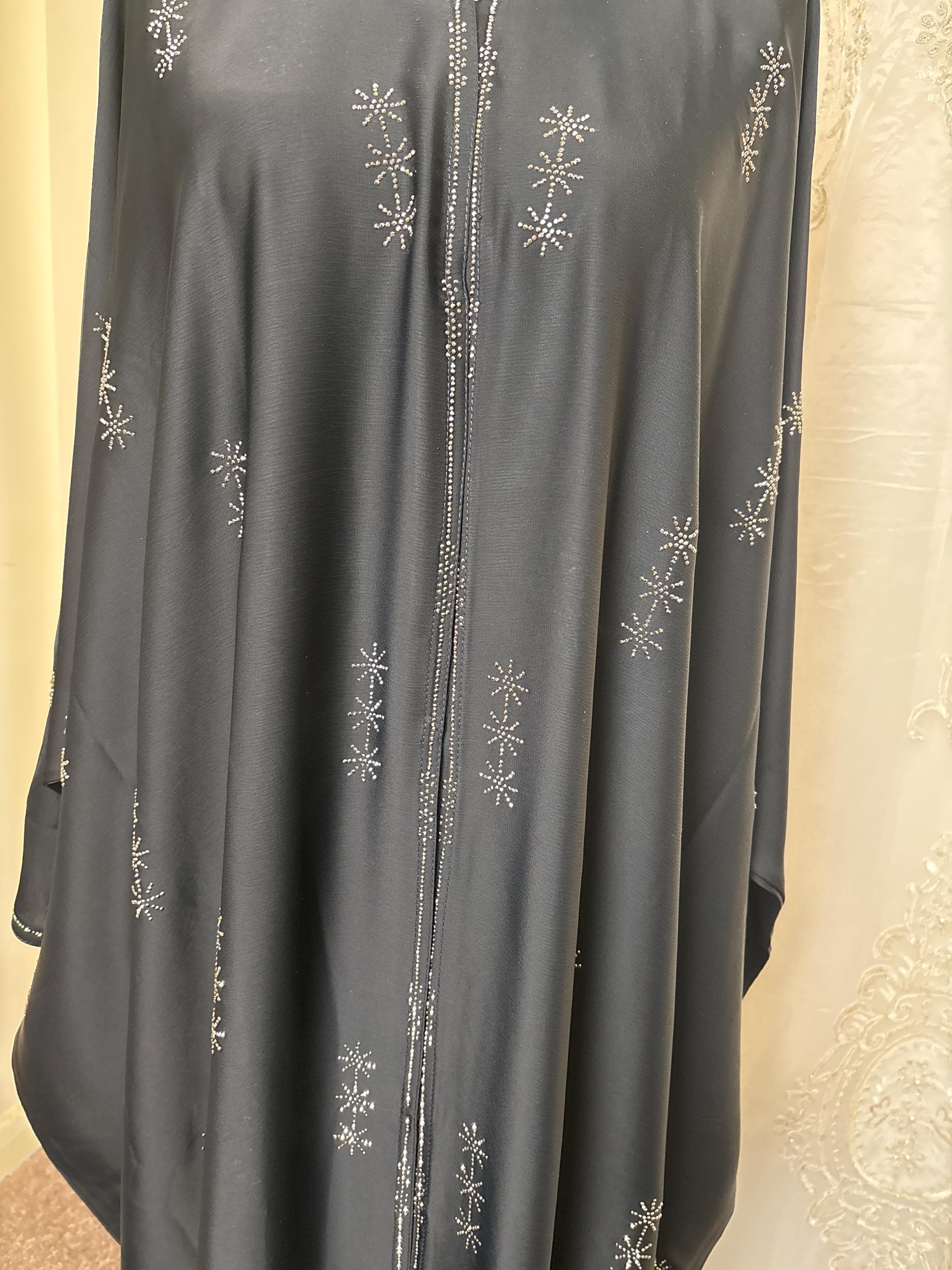 Naya Black Beaded Farasha Abaya Front Open with Buttons & Matching Scarf, Luxury Batwing Dubai Abaya for Eid, Wedding, Modest Occasion Wear - image 5