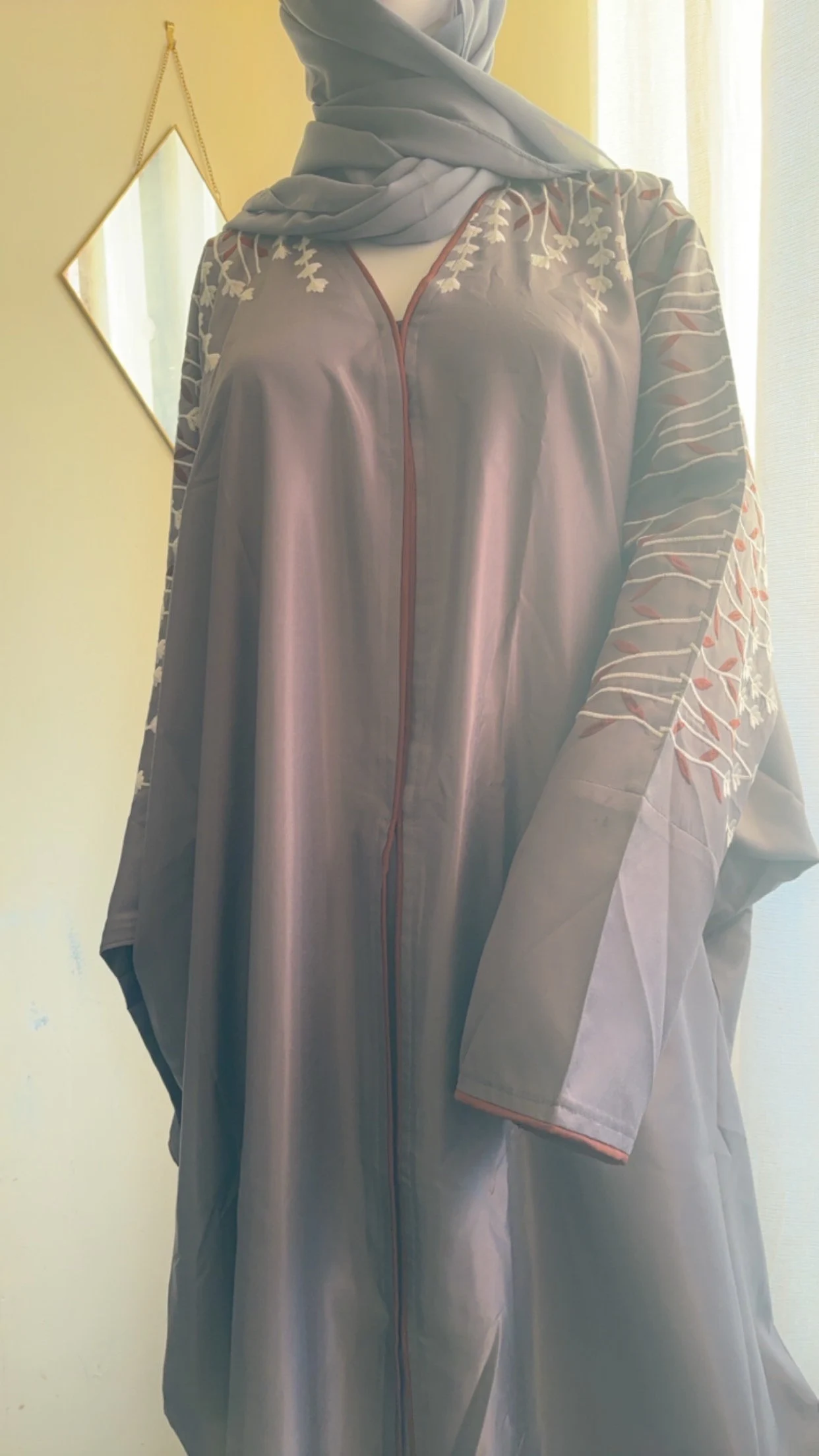 Grey Batwing Abaya with Floral Embroidery, Hijab Included - image 5