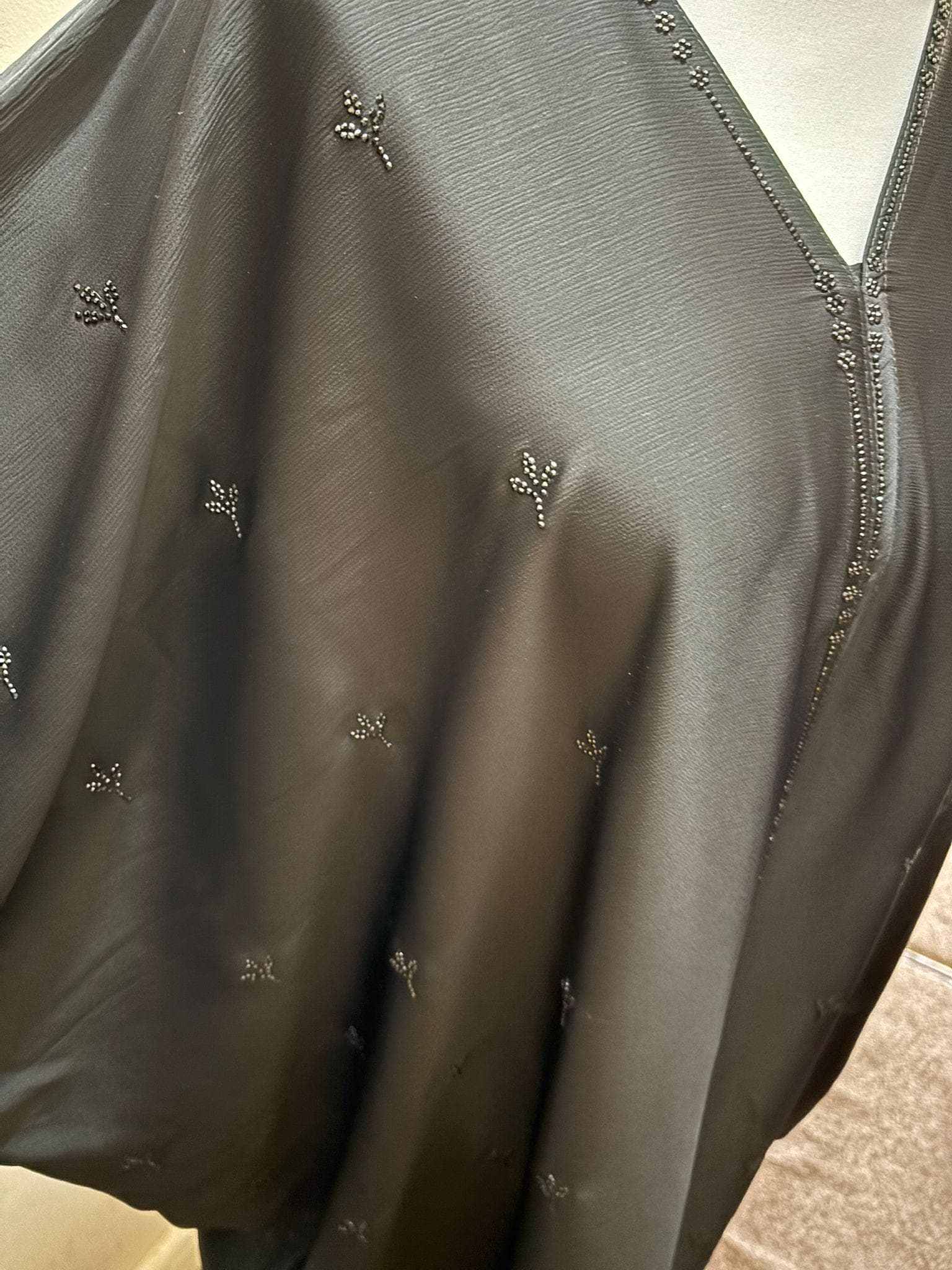 Black Beaded Farasha Abaya Front Open with Buttons and Matching Scarf, Luxury Batwing Dubai Abaya for Eid, Wedding, Modest Occasion Wear - image 4