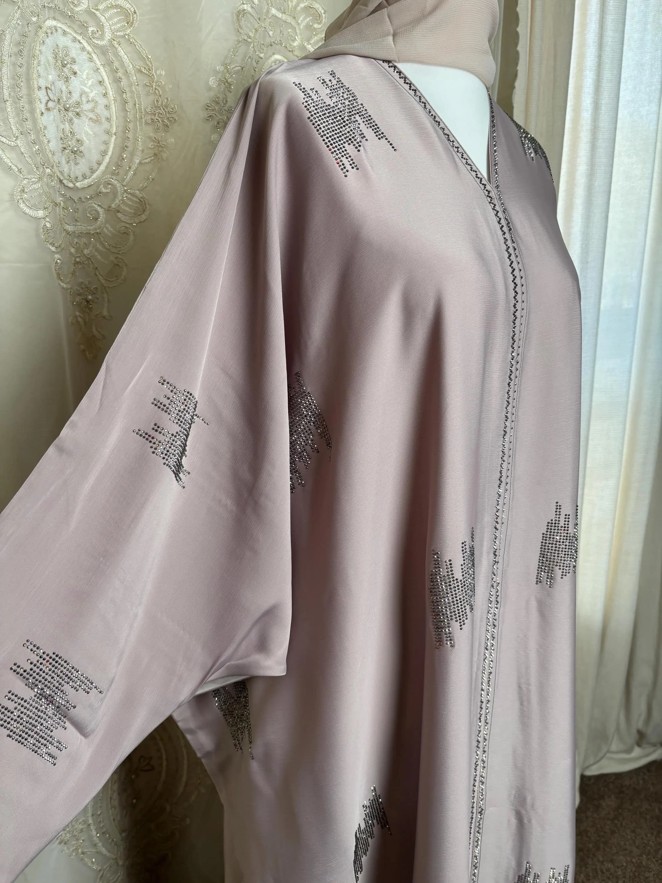 Blush Beige Abaya Set with Hijab, Front buttoned,Elegant Modest Eid Outfit, Luxury Muslim Dress, Open Abaya Flowy for Women, Dubai Abayas - image 4