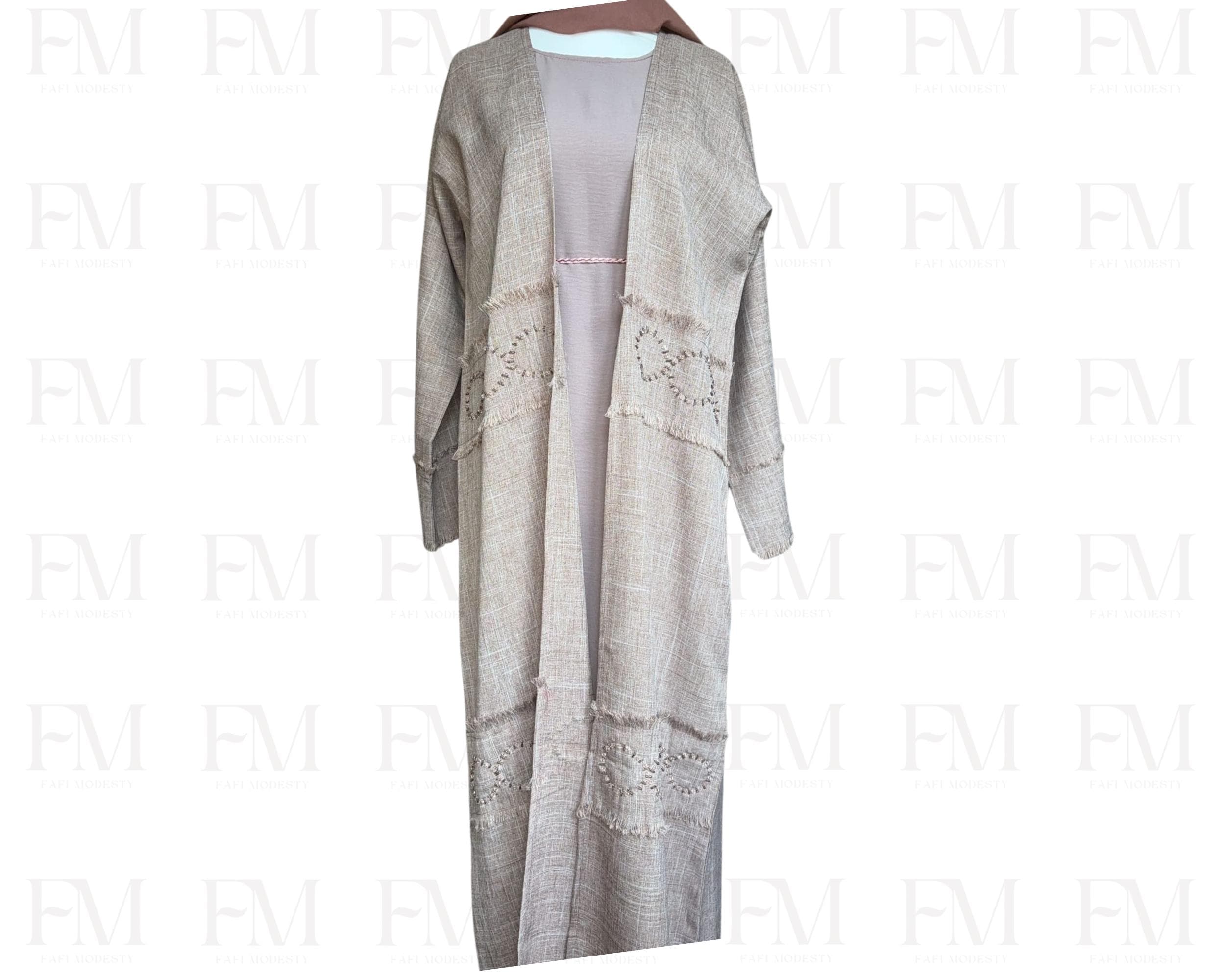 Embellished Linen Abaya Set, Eid Outfit, Mauve Dubai Abaya, Slip Dress & Hijab, Pearls Embellishments - image 4