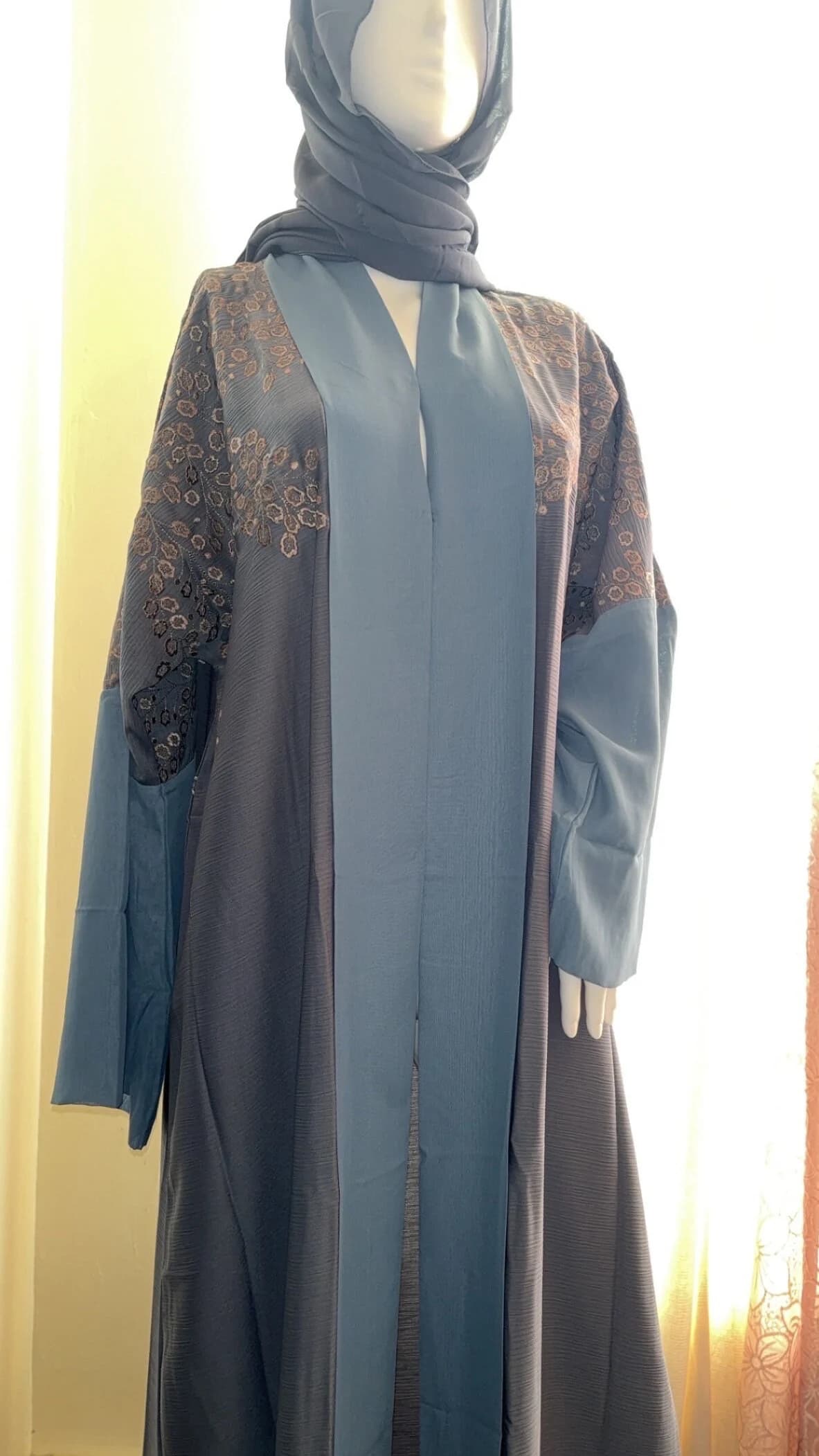 Blue Embroidered Abaya Set, Front Open Buttoned Abaya, Belted Hijab Abayas for women, Muslim Women Embroidery Dress - image 5