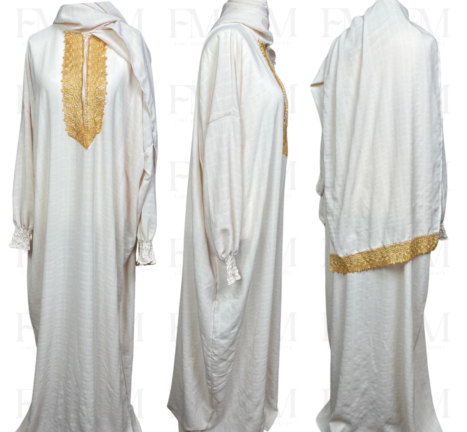 Beige Lace Prayer Abaya Dress with Attached Headscarf, Plus Size - image 2