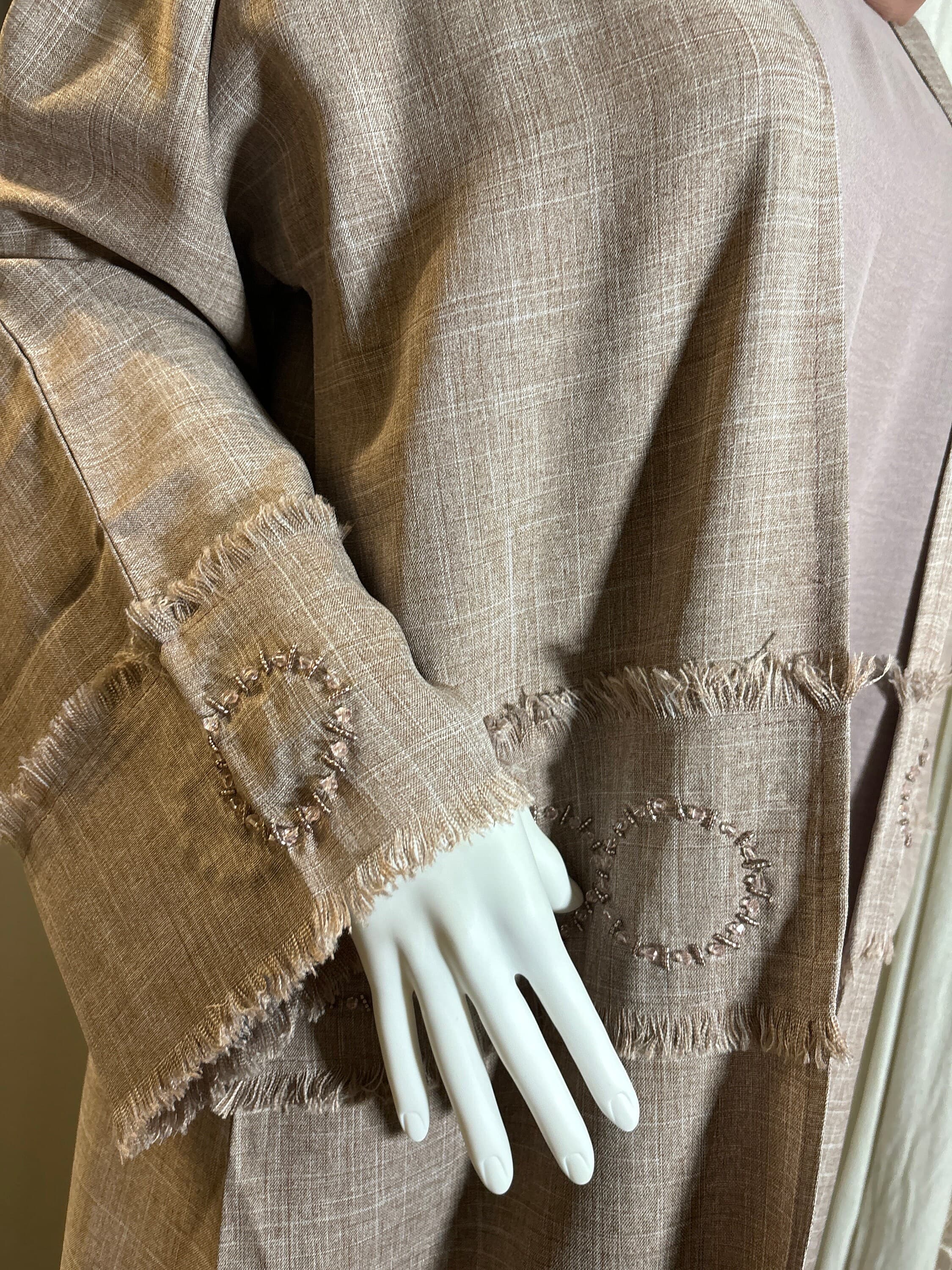 Embellished Linen Abaya Set, Eid Outfit, Mauve Dubai Abaya, Slip Dress & Hijab, Pearls Embellishments