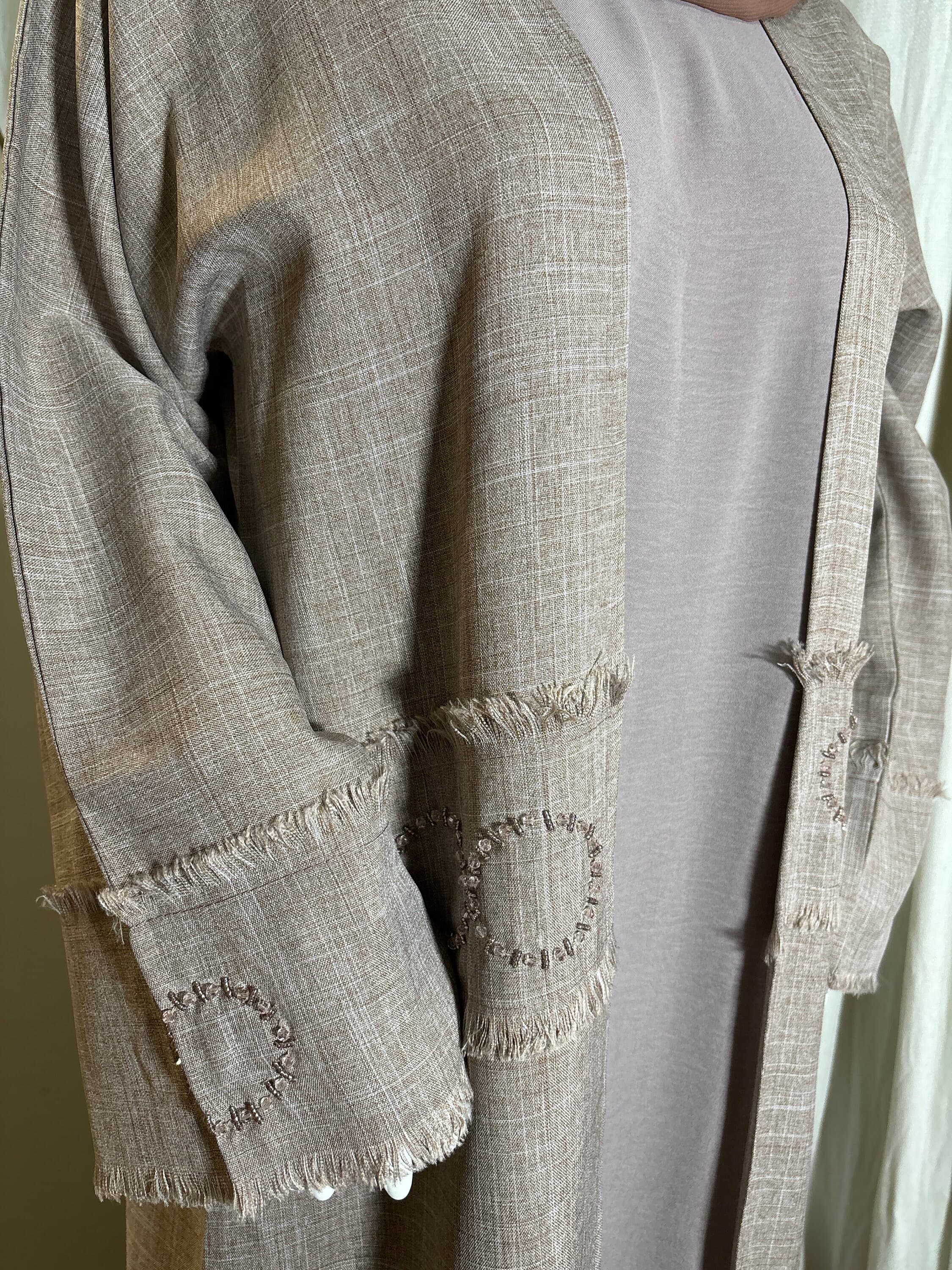 Embellished Linen Abaya Set, Eid Outfit, Mauve Dubai Abaya, Slip Dress & Hijab, Pearls Embellishments - image 5