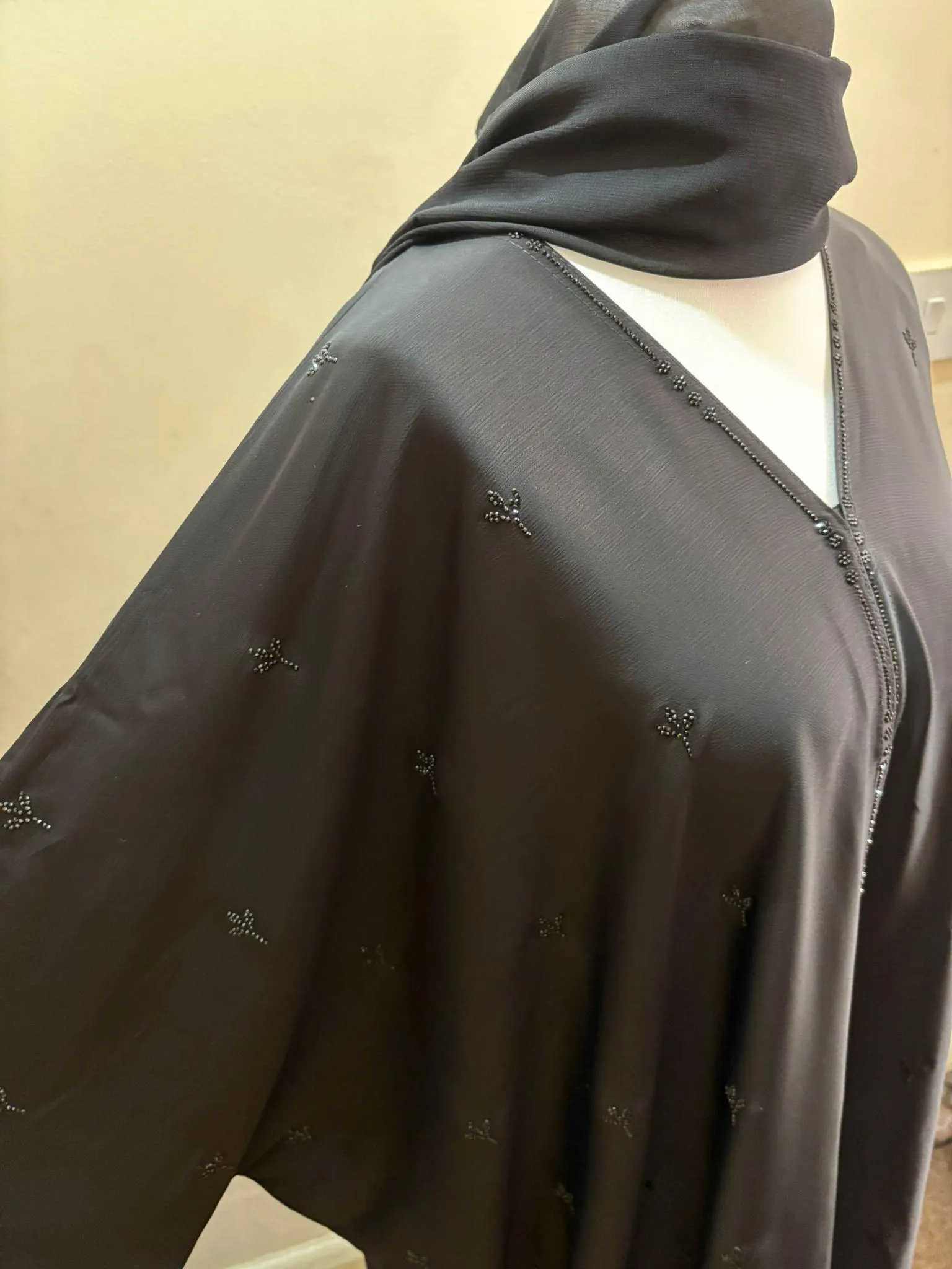 Black Beaded Farasha Abaya Front Open with Buttons and Matching Scarf, Luxury Batwing Dubai Abaya for Eid, Wedding, Modest Occasion Wear