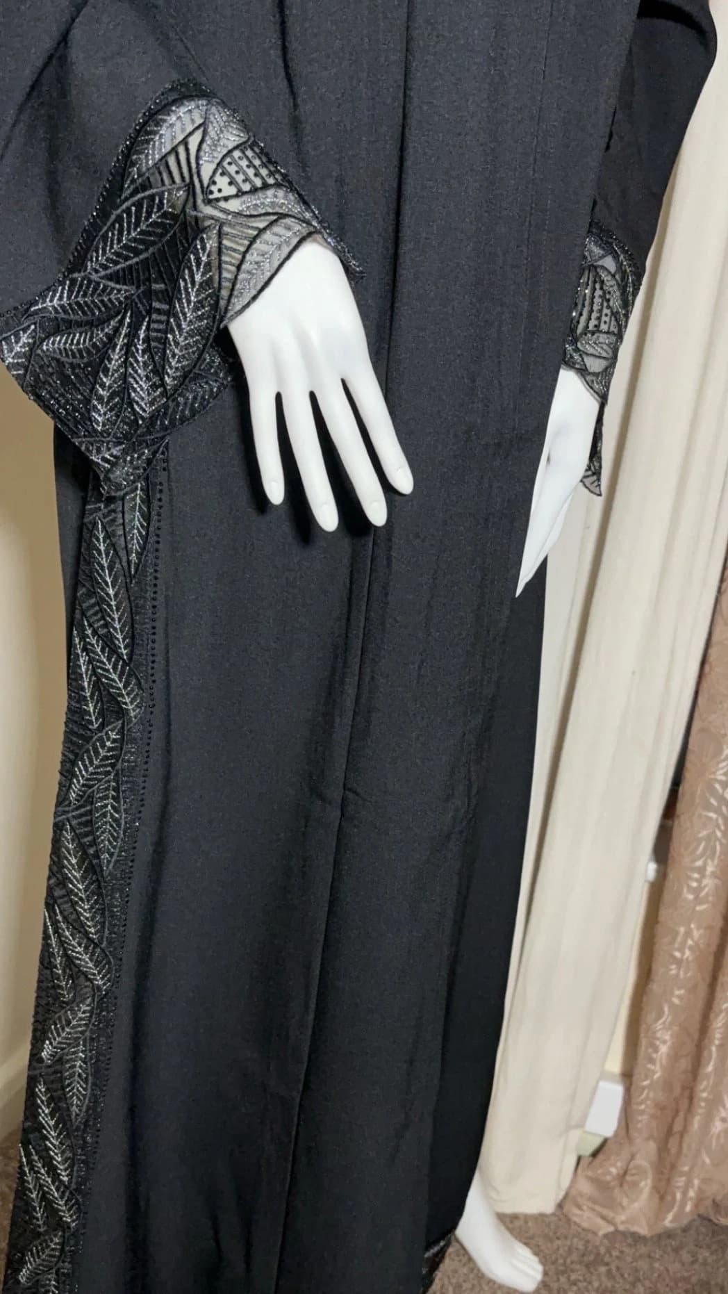 Black Linen Abaya Set with Embroidered Embellishments, Matching Hijab - image 4