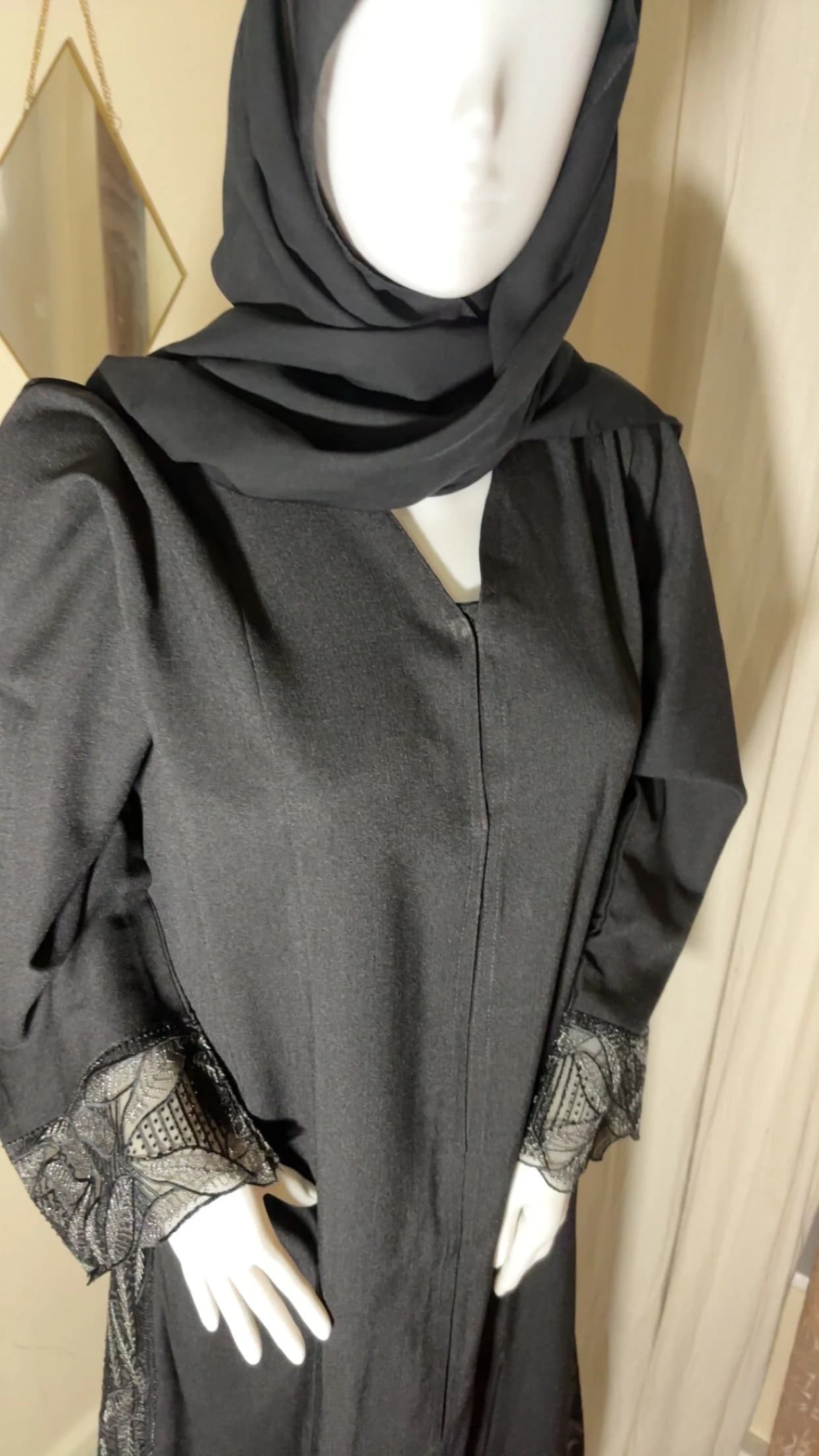 Black Linen Abaya Set with Embroidered Embellishments, Matching Hijab - image 3