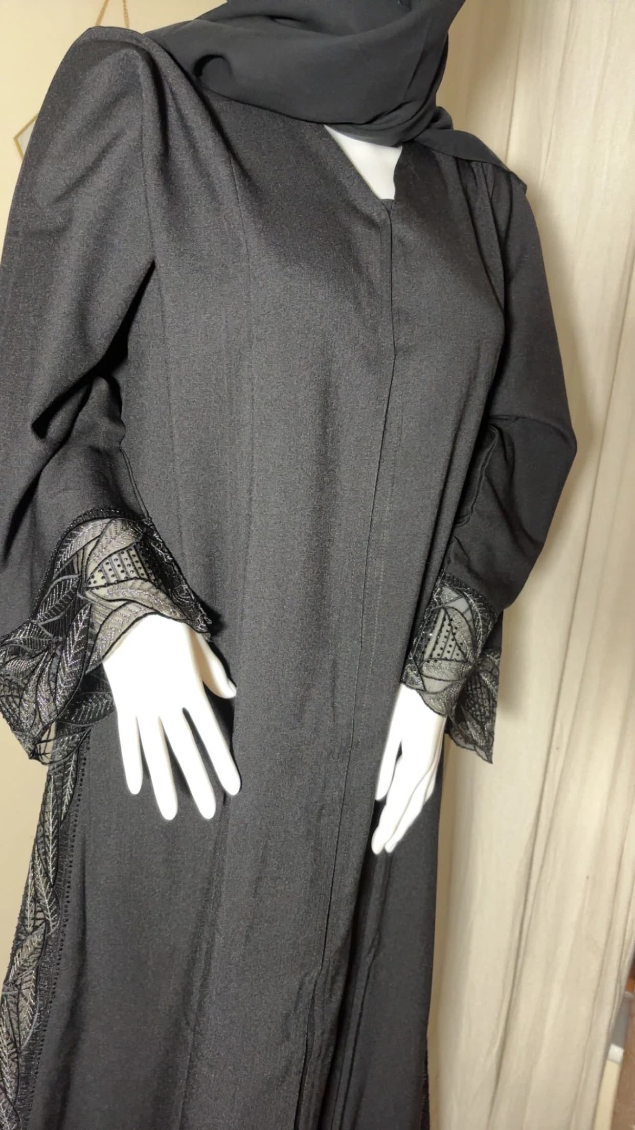Black Linen Abaya Set with Embroidered Embellishments, Matching Hijab