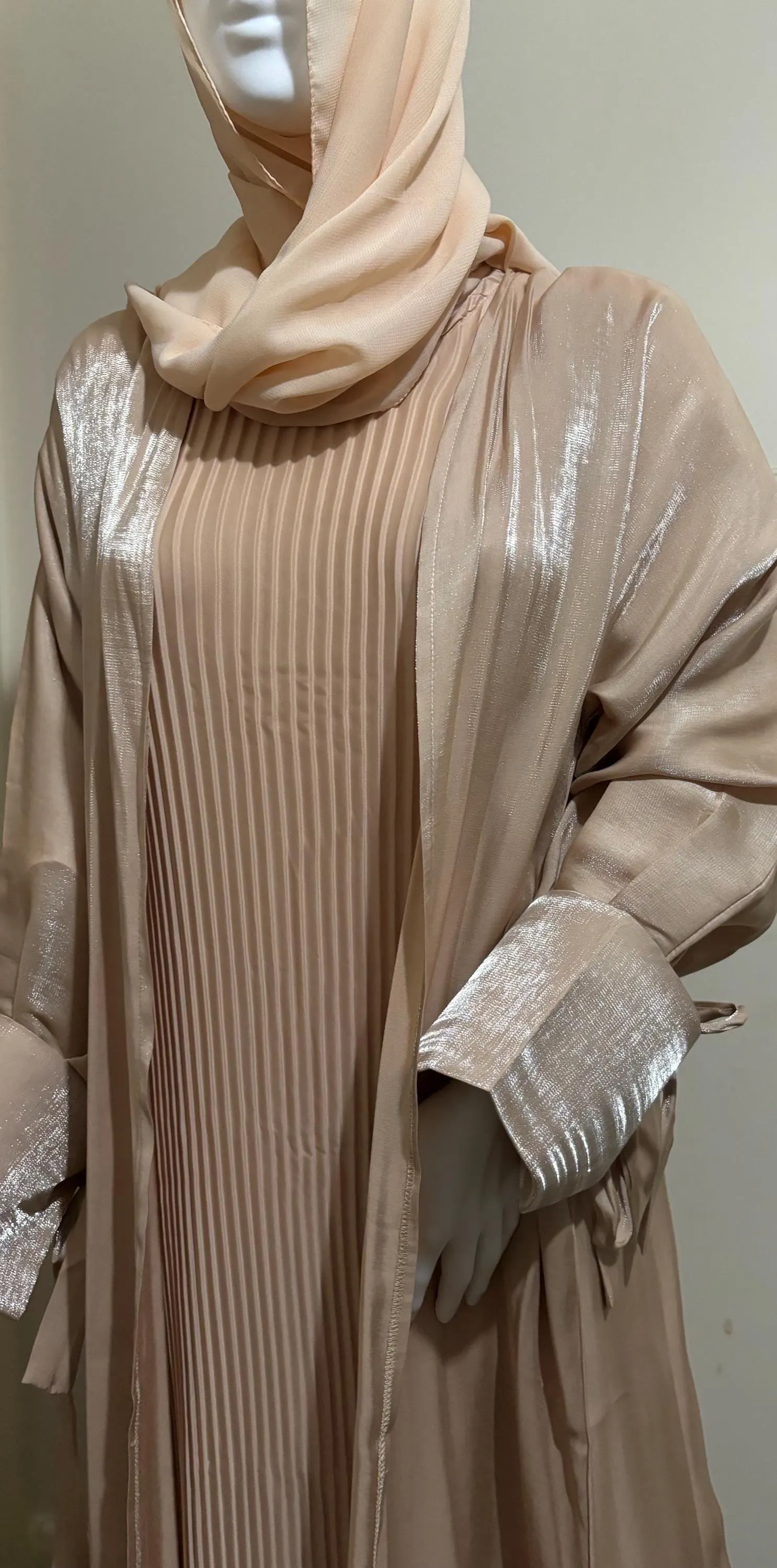 Apricot Shimmer Abaya Set, Pleated Slip Dress, Hijab, Belt - image 3