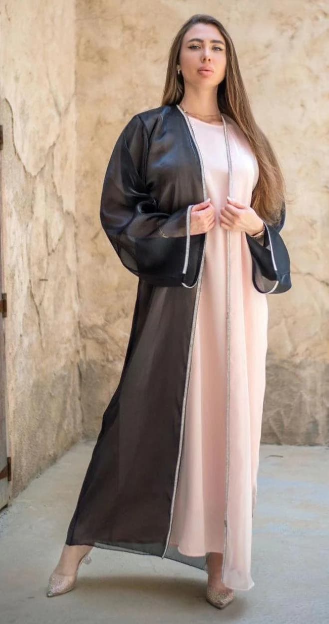 Luxury Organza Abaya Set, Embellished Open Abaya, Matching Slip Dress