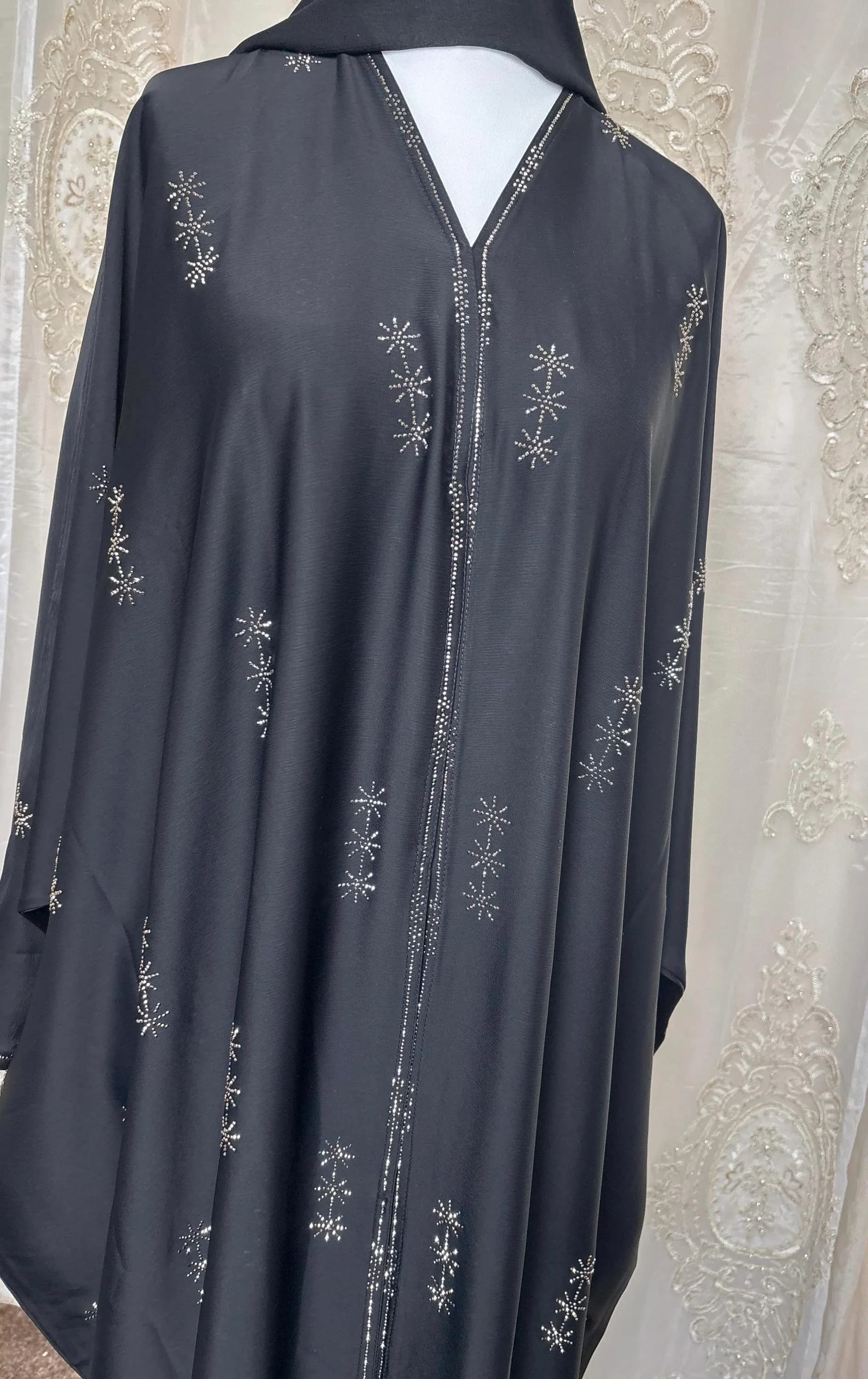 Naya Black Beaded Farasha Abaya Front Open with Buttons & Matching Scarf, Luxury Batwing Dubai Abaya for Eid, Wedding, Modest Occasion Wear - image 2