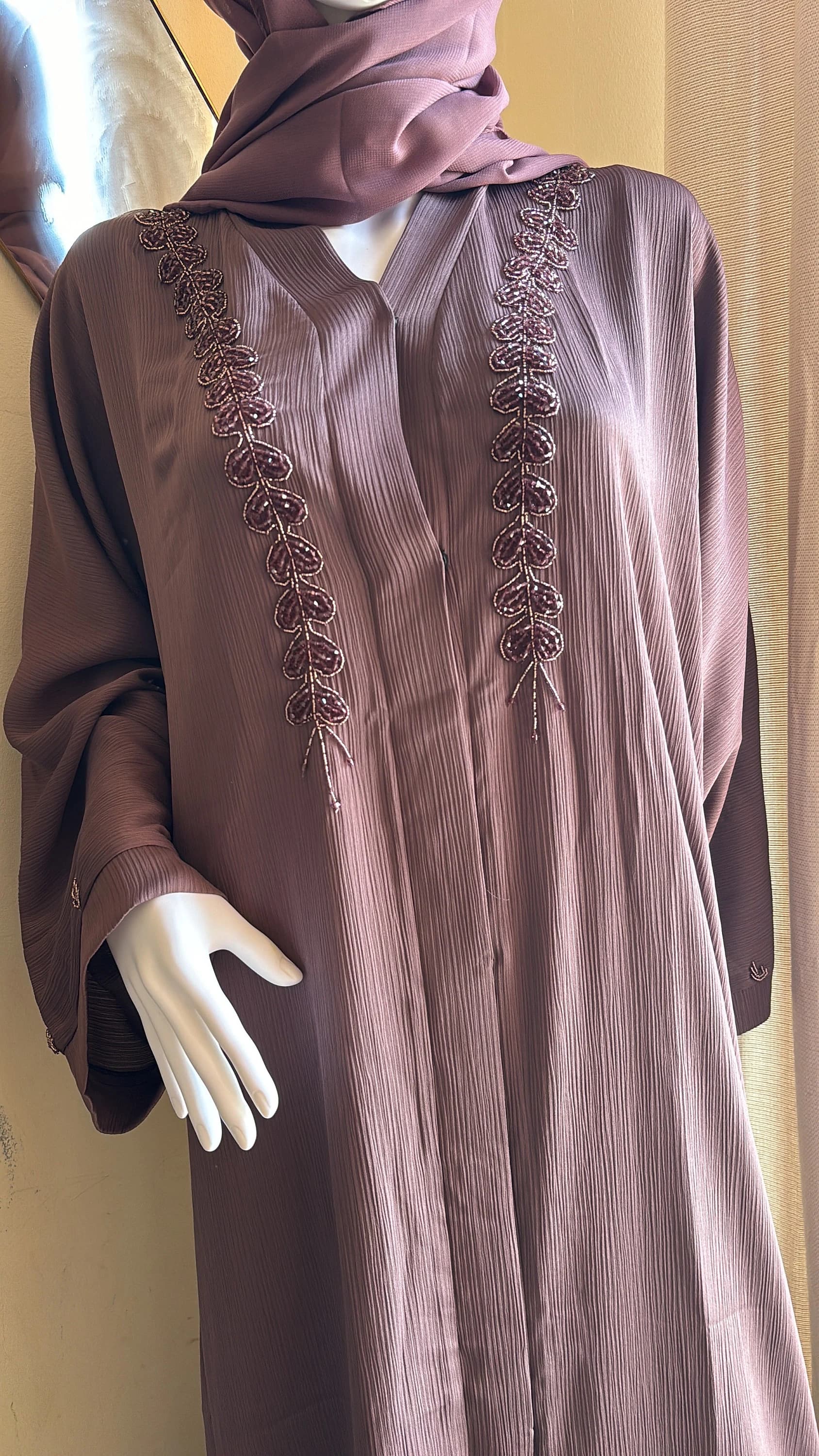 Embellished Beige Abaya Set, Dubai Modest Dress, Matching Hijab - image 4
