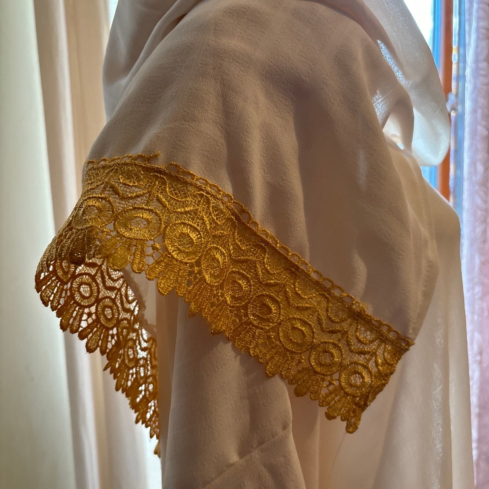 Beige Lace Prayer Abaya Dress with Attached Headscarf, Plus Size - image 5