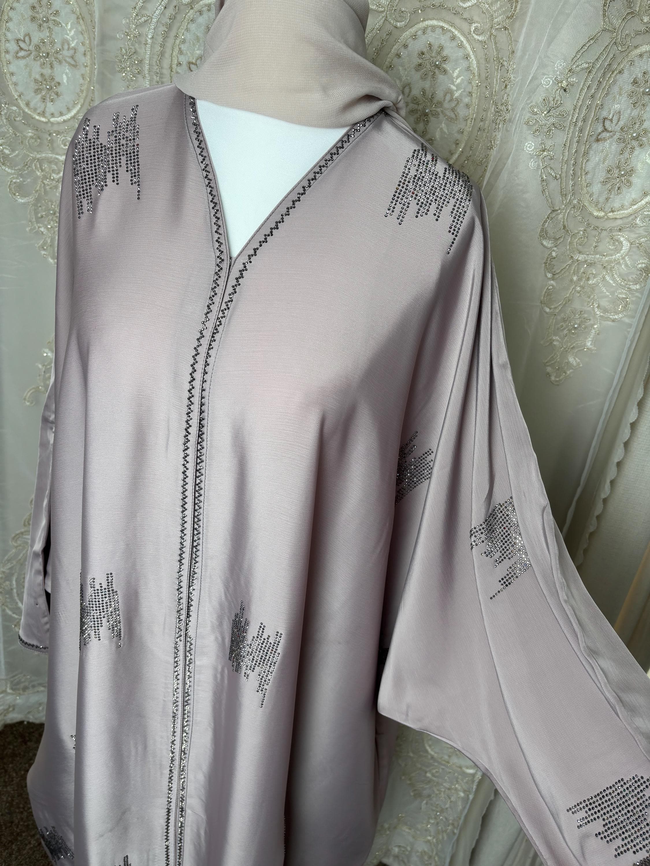 Blush Beige Abaya Set with Hijab, Front buttoned,Elegant Modest Eid Outfit, Luxury Muslim Dress, Open Abaya Flowy for Women, Dubai Abayas