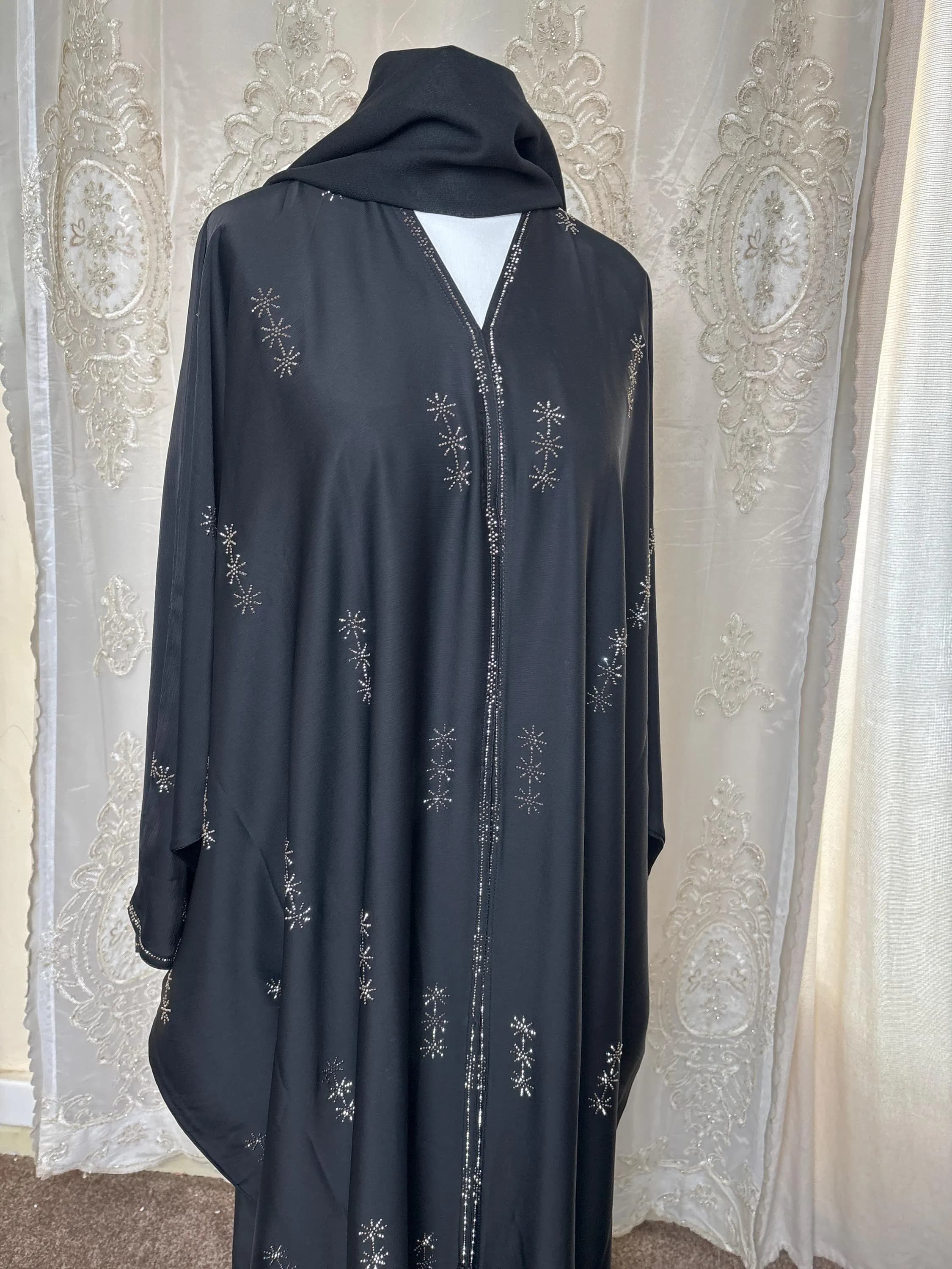 Naya Black Beaded Farasha Abaya Front Open with Buttons & Matching Scarf, Luxury Batwing Dubai Abaya for Eid, Wedding, Modest Occasion Wear - image 3