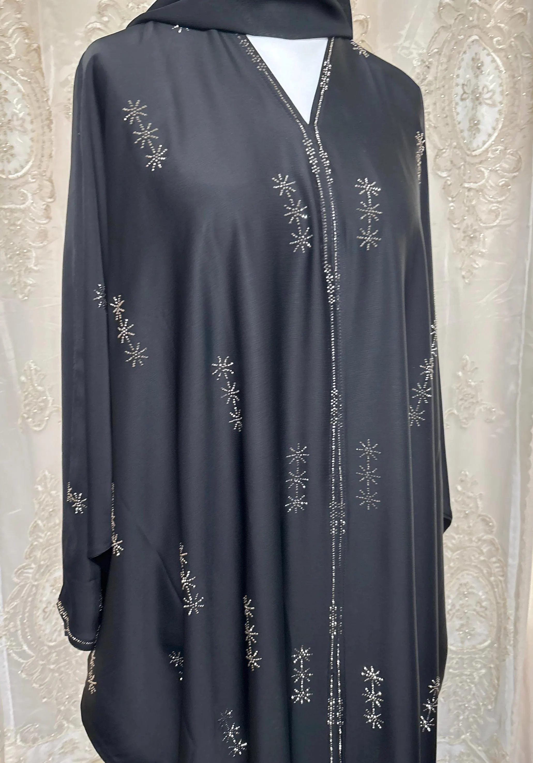 Naya Black Beaded Farasha Abaya Front Open with Buttons & Matching Scarf, Luxury Batwing Dubai Abaya for Eid, Wedding, Modest Occasion Wear - image 4