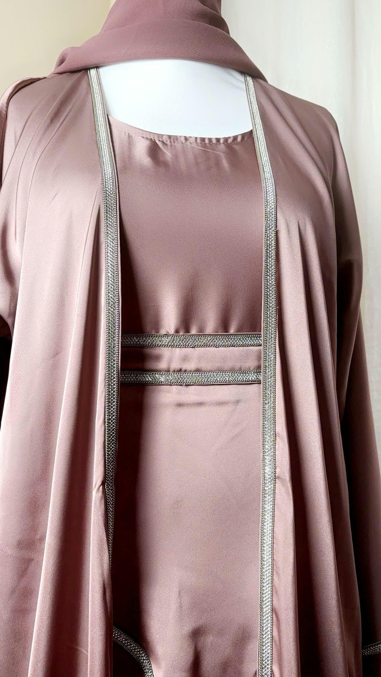 Satin Abaya Set, Embellished Pink Modest Dress