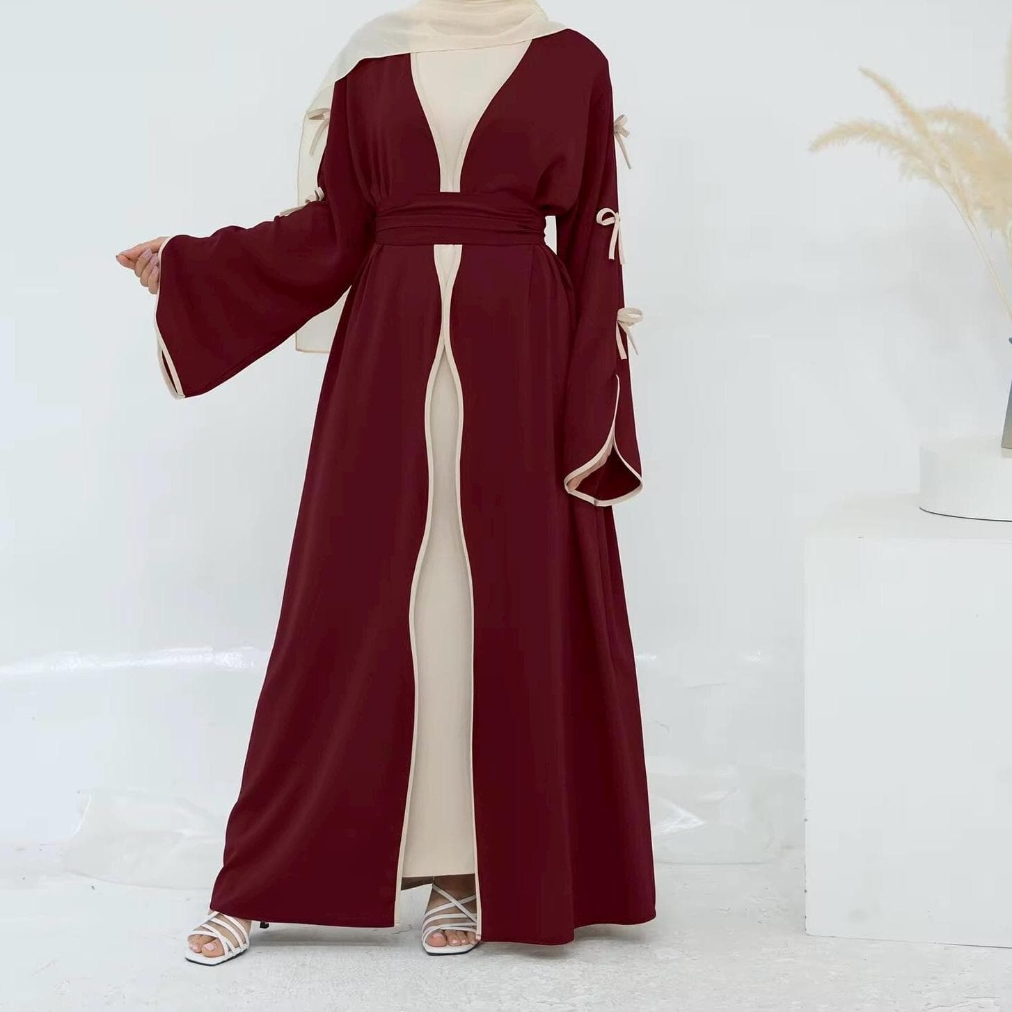 Burgundy and Beige Butterfly Larina Eid Open Abaya Only