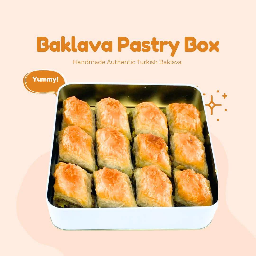 Handmade Pistachio Turkish Baklava Gift Box: Fresh Mediterranean Dessert, Halal Snack, Peanut Cream Baklava
