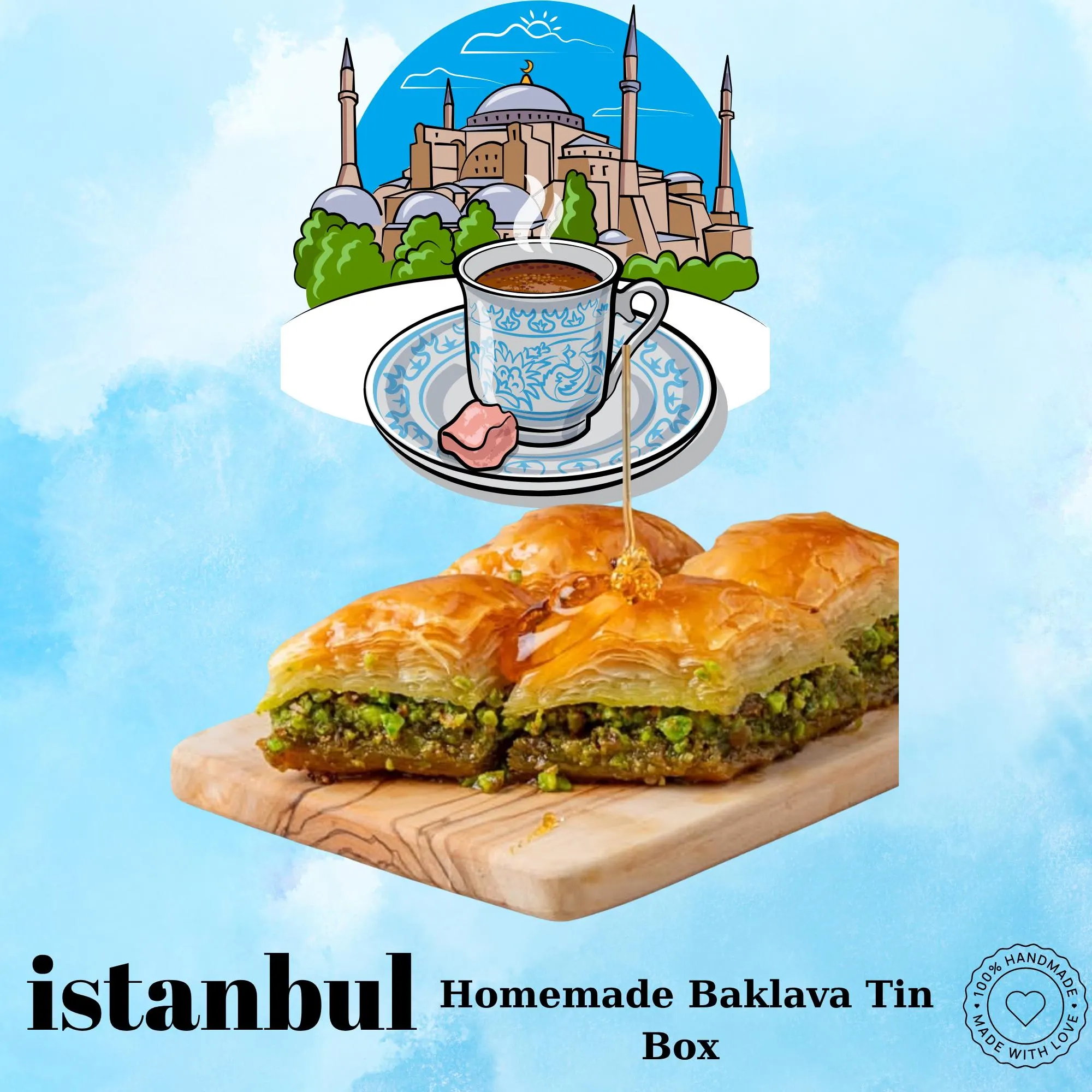 Baklava With Pistachio Gift Tin Box, Turkish Baklava, Mediterrenian Dessert