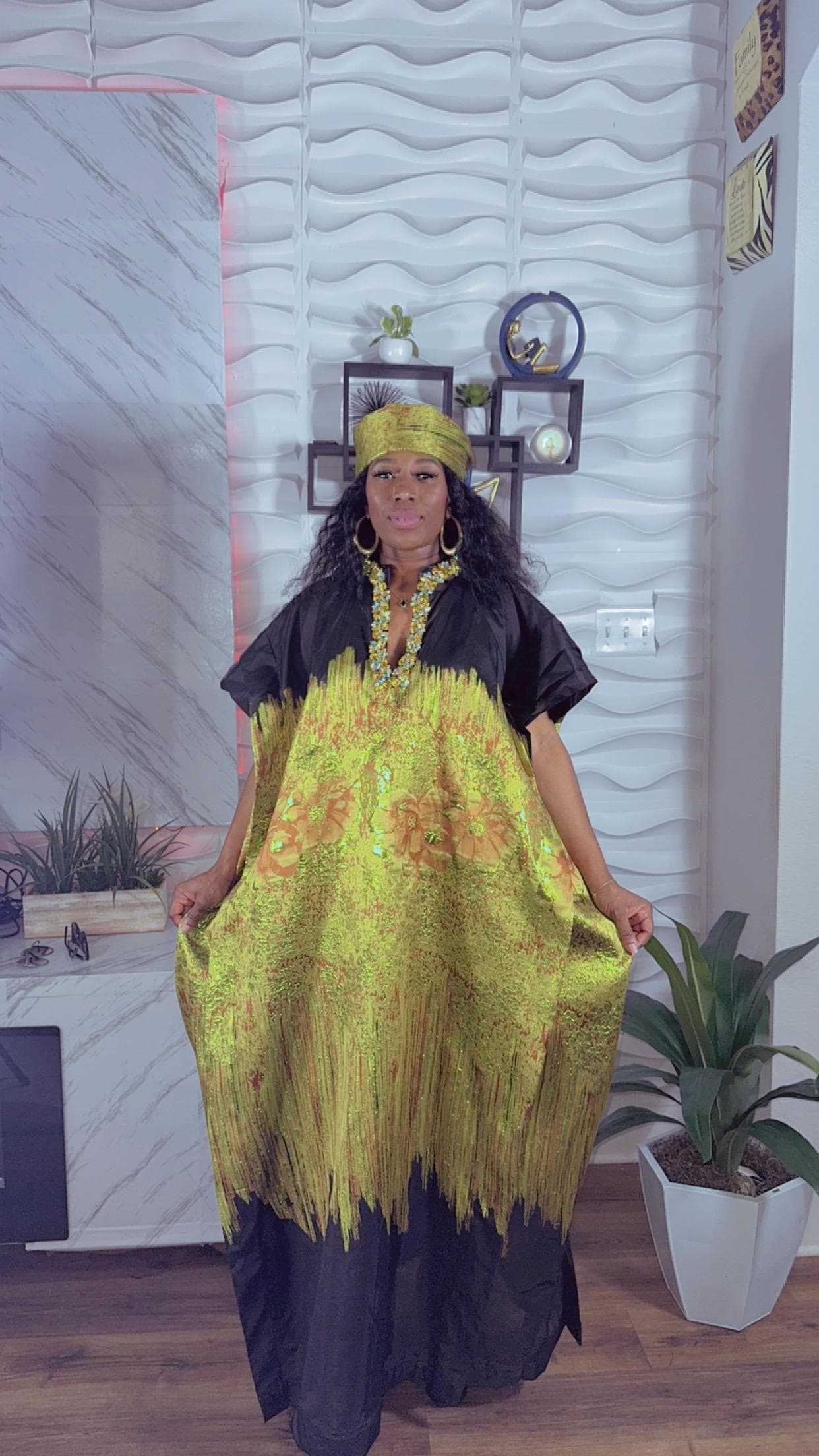 Brocade African Boubou Kaftan with Headscarf