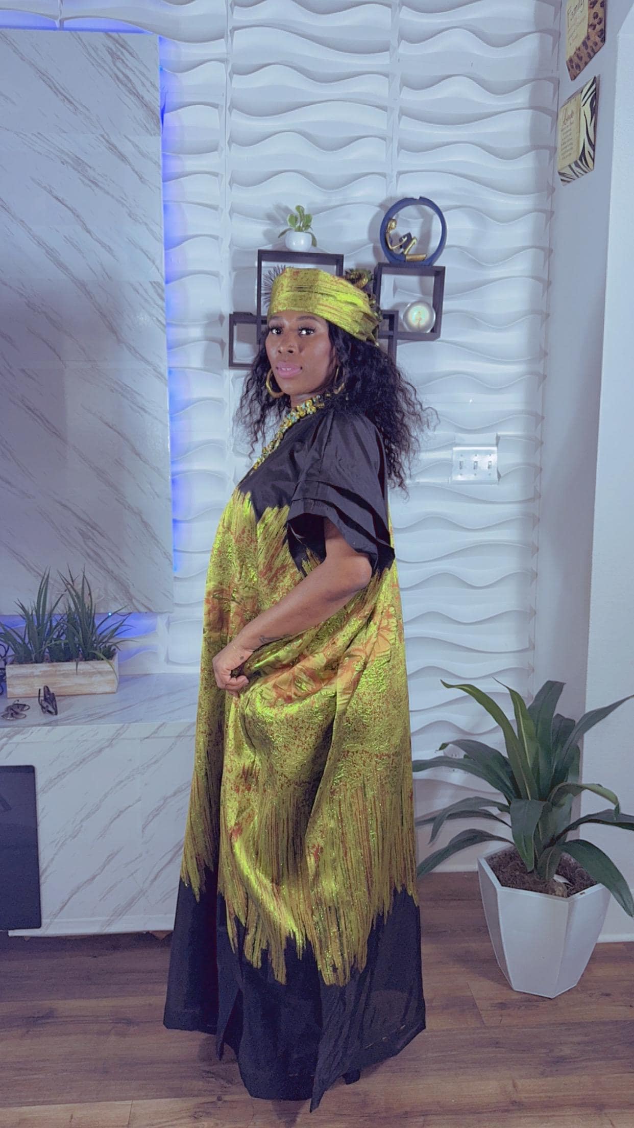 Brocade African Boubou Kaftan with Headscarf - image 3