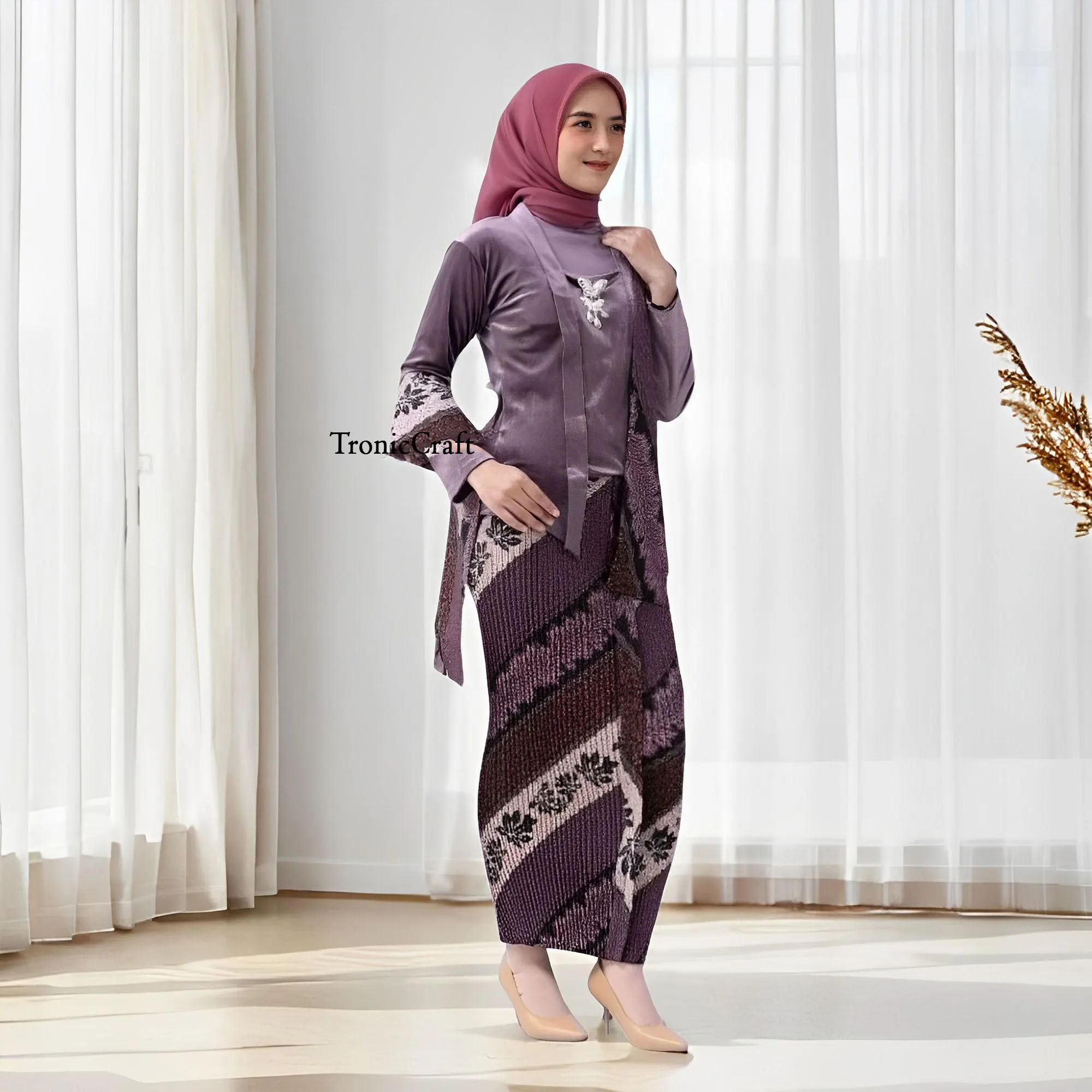 Purple Velvet Kutubaru Kebaya Set with Pleated Skirt and Slope Pattern Shawl,Kebaya Dress,Kebaya,Kebaya Modern,Kebaya Encim,Kebaya Bali