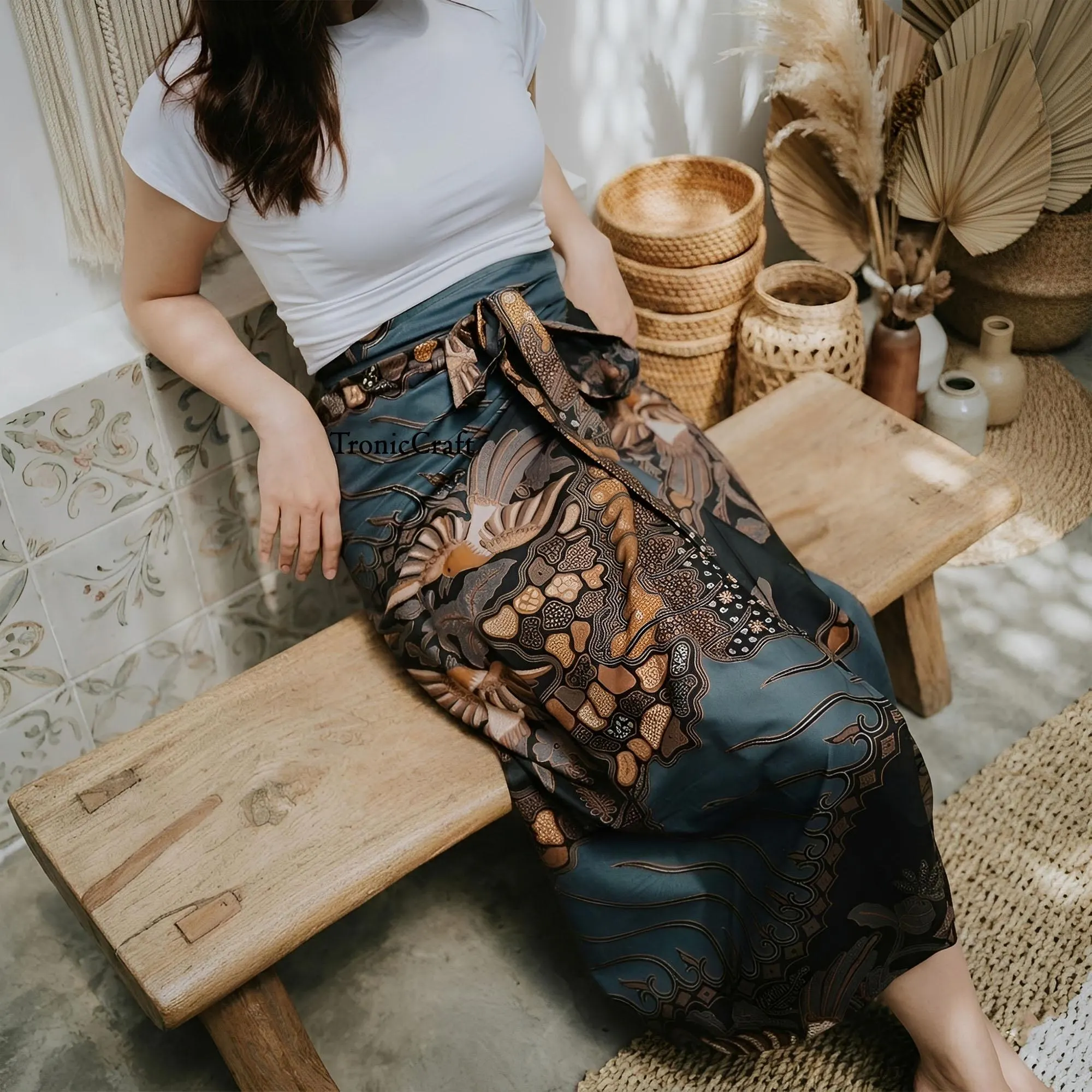 Blue Nara Indonesian Batik Wrap Skirt Modern Casual Long Graduation Wear Ethnic Pareo
