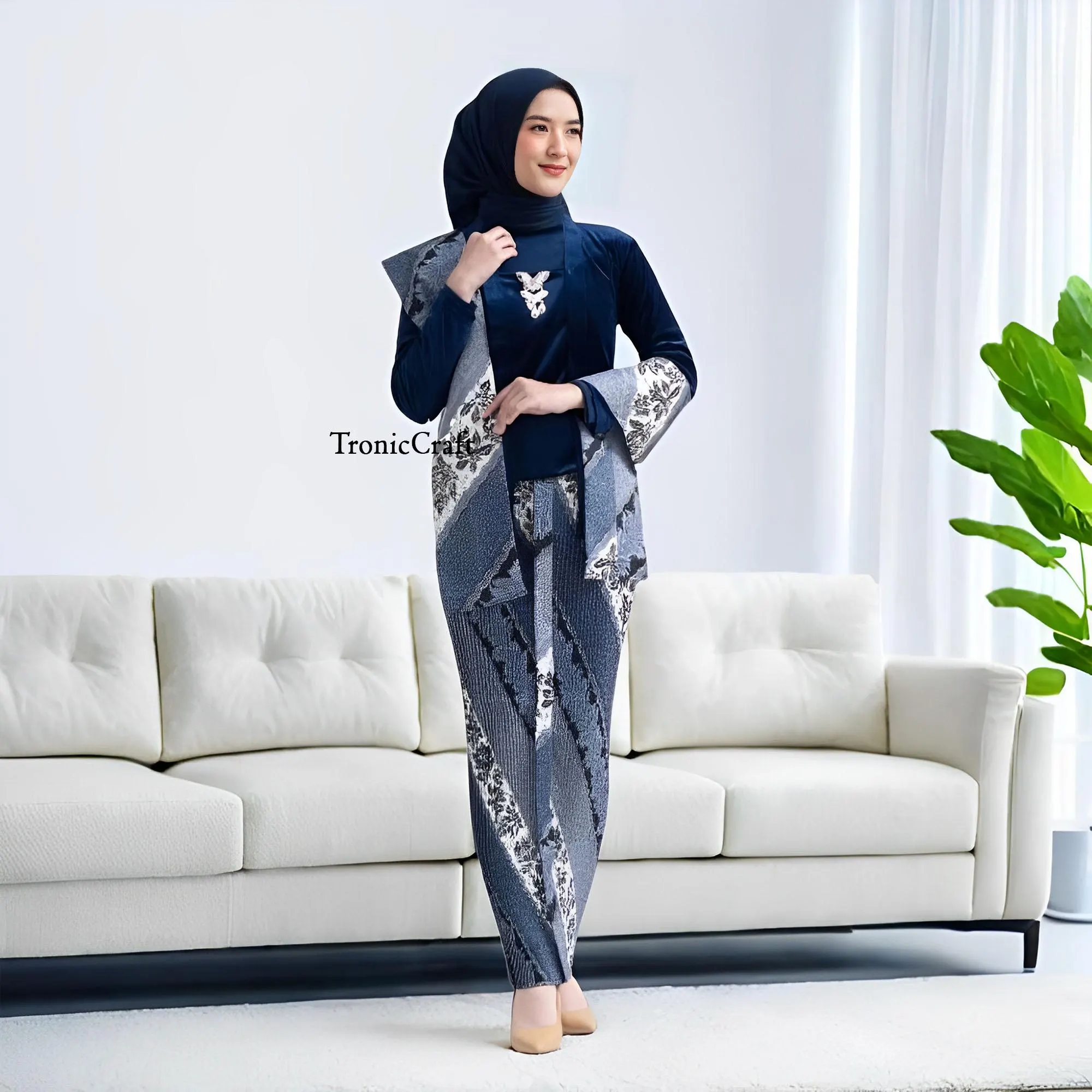 Navy Velvet Kutubaru Kebaya Set with Pleated Skirt and Elegant and Comfortable Slope Pattern Shawl,Kebaya Dress,Kebaya,Kebaya Modern