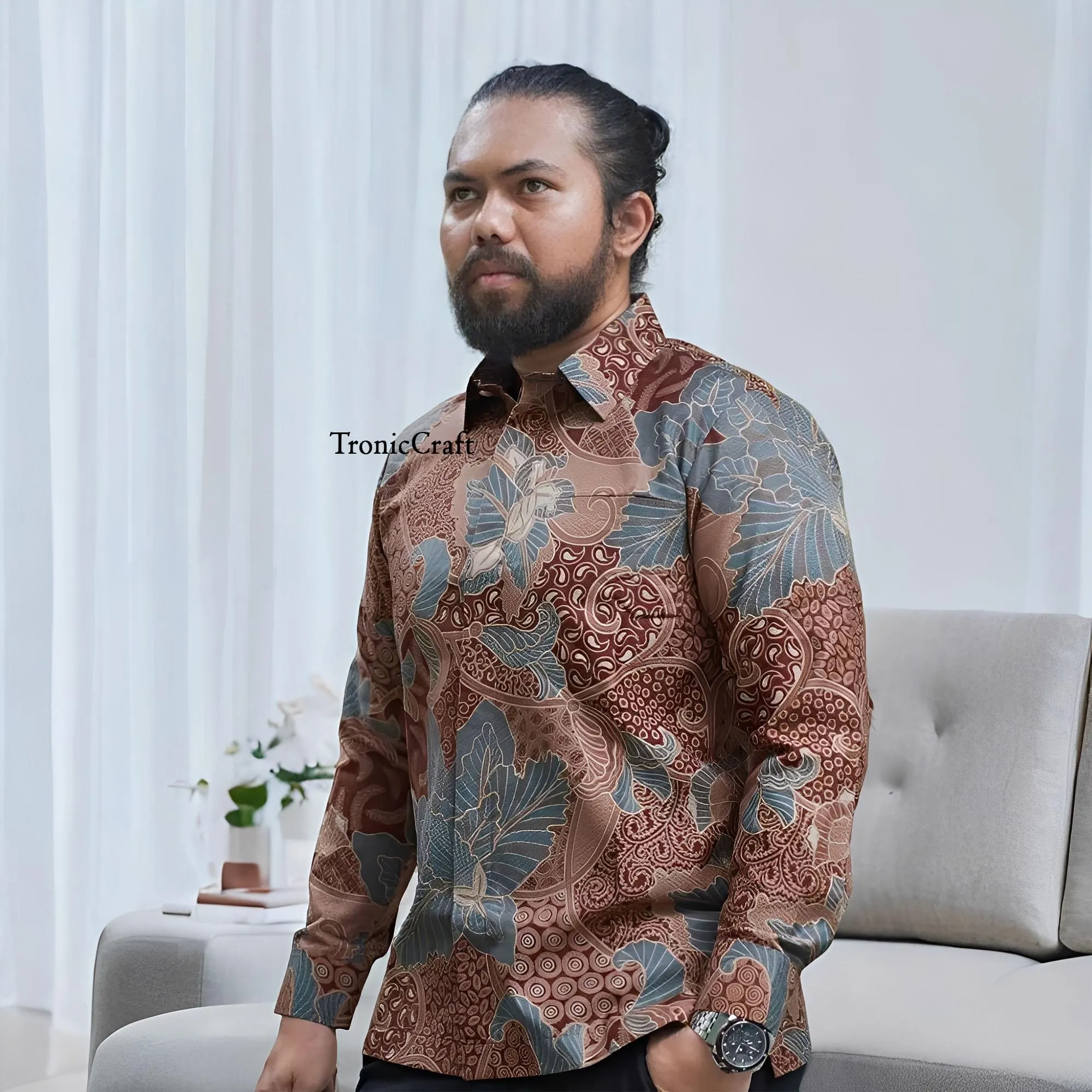 Men's Batik Premium Dobby Shirt with Frangipani Flower Motif,Men Batik,Batik,Men Batik Shirt,Men's Batik Shirts,Batik Shirt,Batik for Men