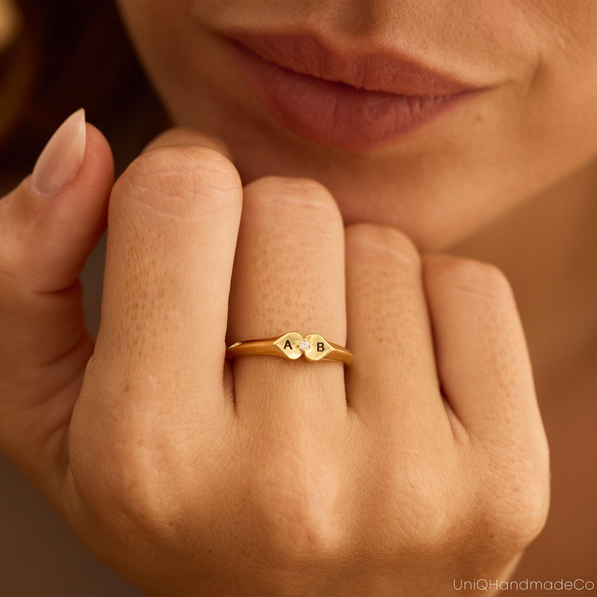 Personalised Double Heart Birthstone Ring, Custom Initial Ring with Two Letters, Couple Love Ring, Birthstone Gift for Her,Christmas Gift - image 3