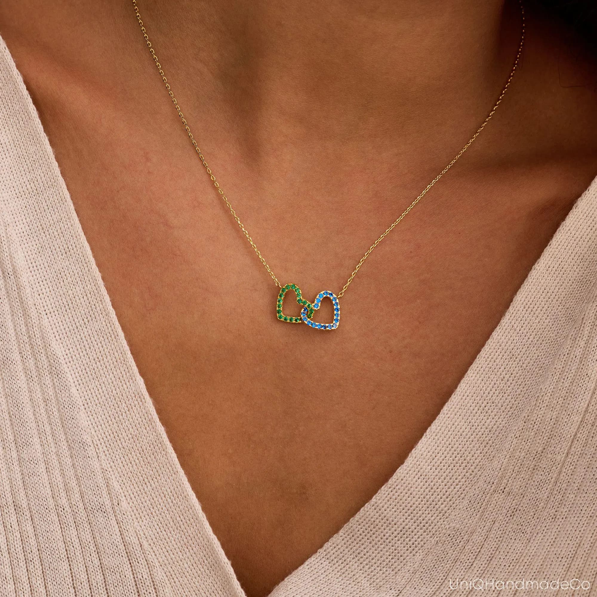 Personalised Birthstone Heart Necklace, Interlocking Heart Necklace, Mother and Daughter Necklace, Womens Necklace, Christmas Gift for Her - image 3