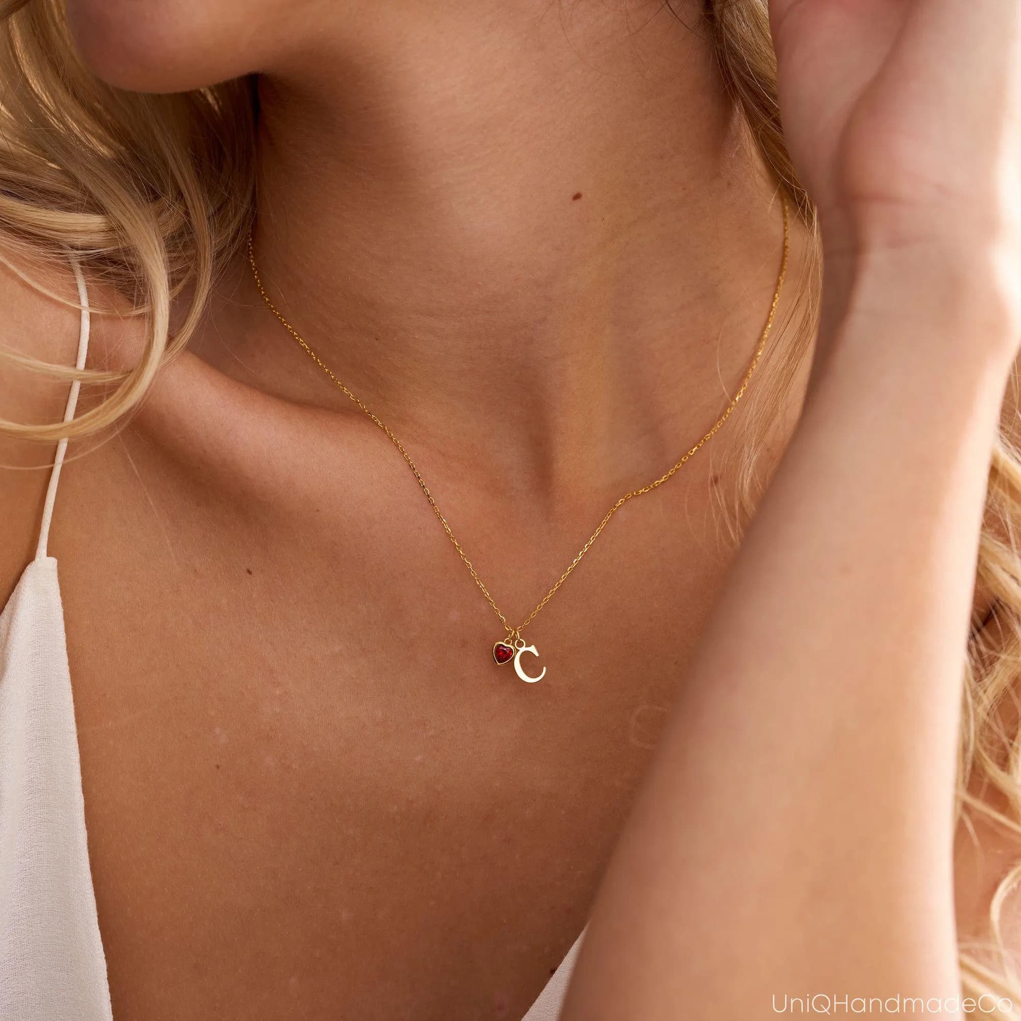Dainty Initial Necklace with Heart Birthstone, Custom Letter Necklace, July Birthday Gift, 18th Birthday Gifts for Her, Christmas Gift - image 2