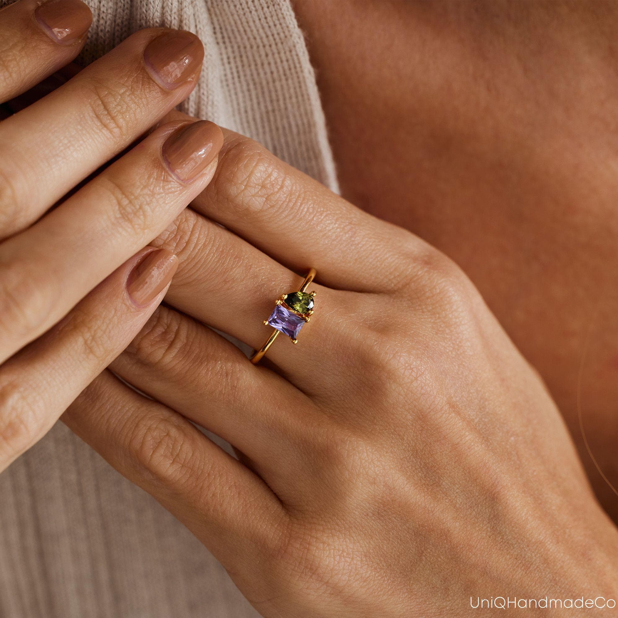 Personalised Two Birthstone Ring, Custom Family Birthstone Ring, Dainty Gemstone Ringe, Mothers Ring, June Birthday Gift, Christmas Gift - image 5