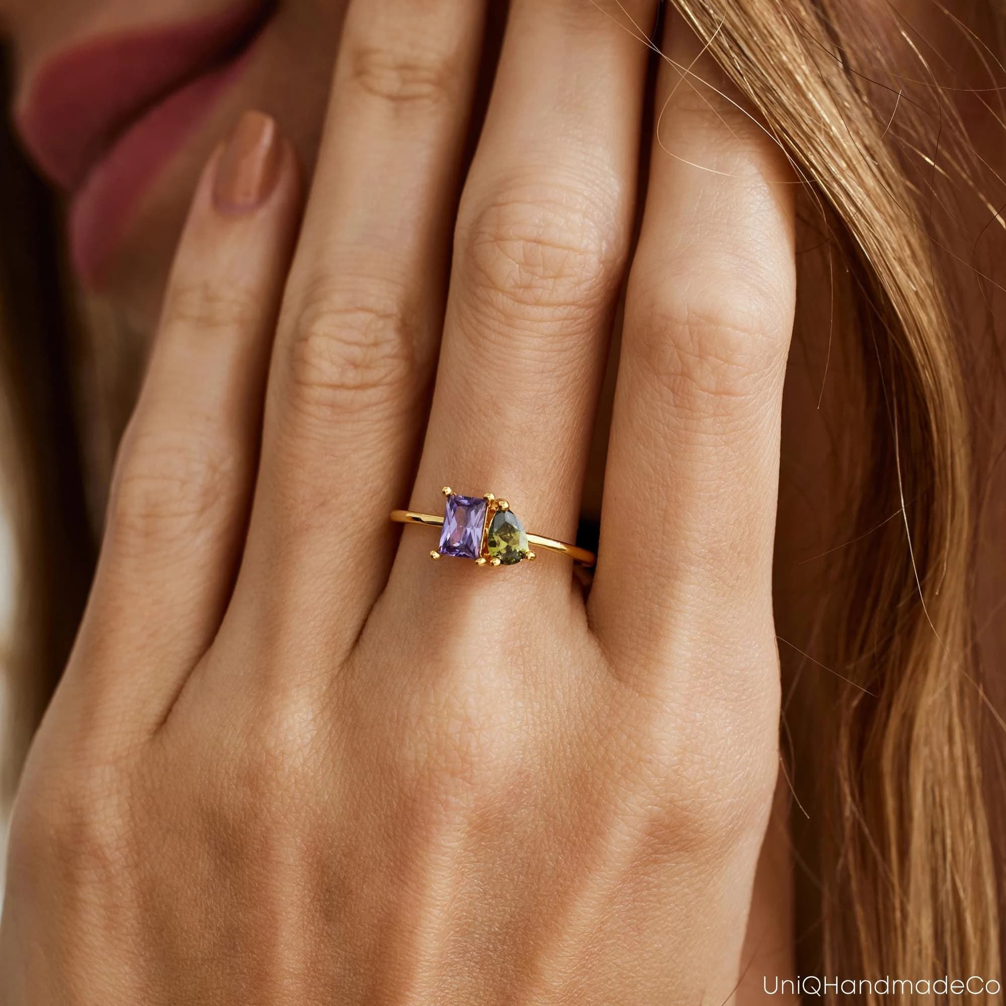 Personalised Two Birthstone Ring, Custom Family Birthstone Ring, Dainty Gemstone Ringe, Mothers Ring, June Birthday Gift, Christmas Gift - image 3