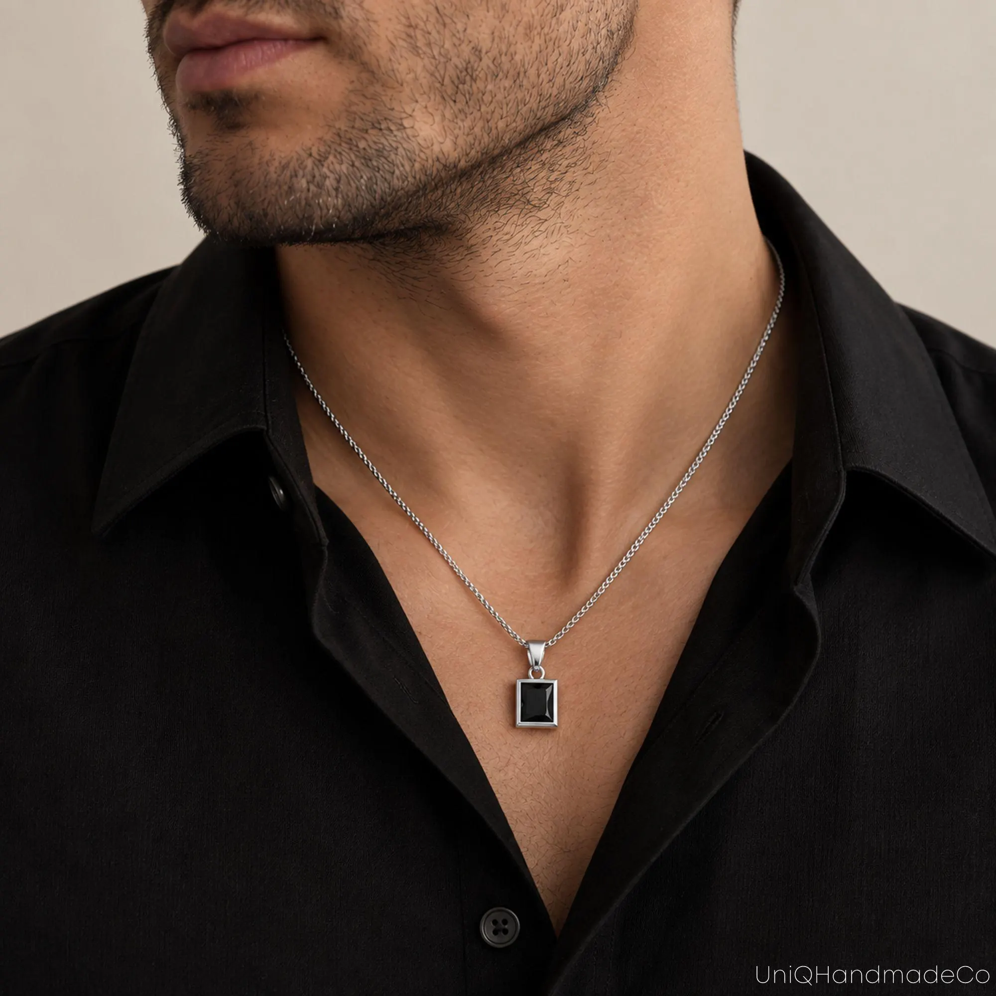 Men's Birthstone Necklace, Black Onyx Pendant Necklace, Birthstone Necklace for Men, Personalized Gemstone Jewelry, Christmas Gift for Him