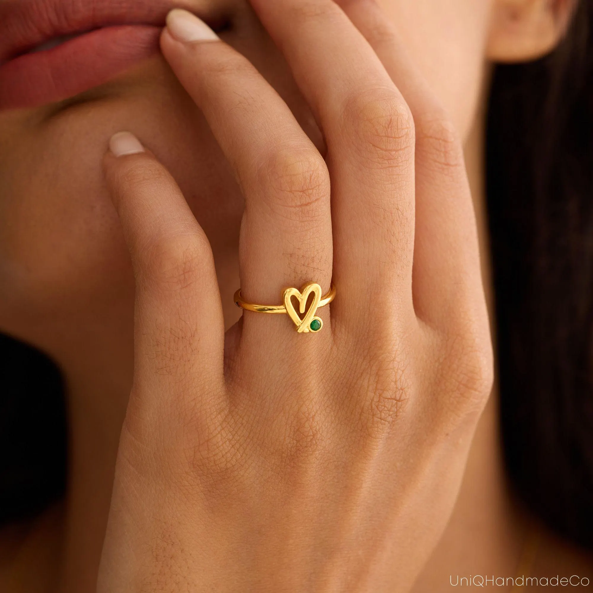 Personalised Heart Ring with Birthstone, Custom Dangle Initial Ring, Adjustable Open Ringe, Womens Ring, June Birthday Gift, Christmas Gift - image 5